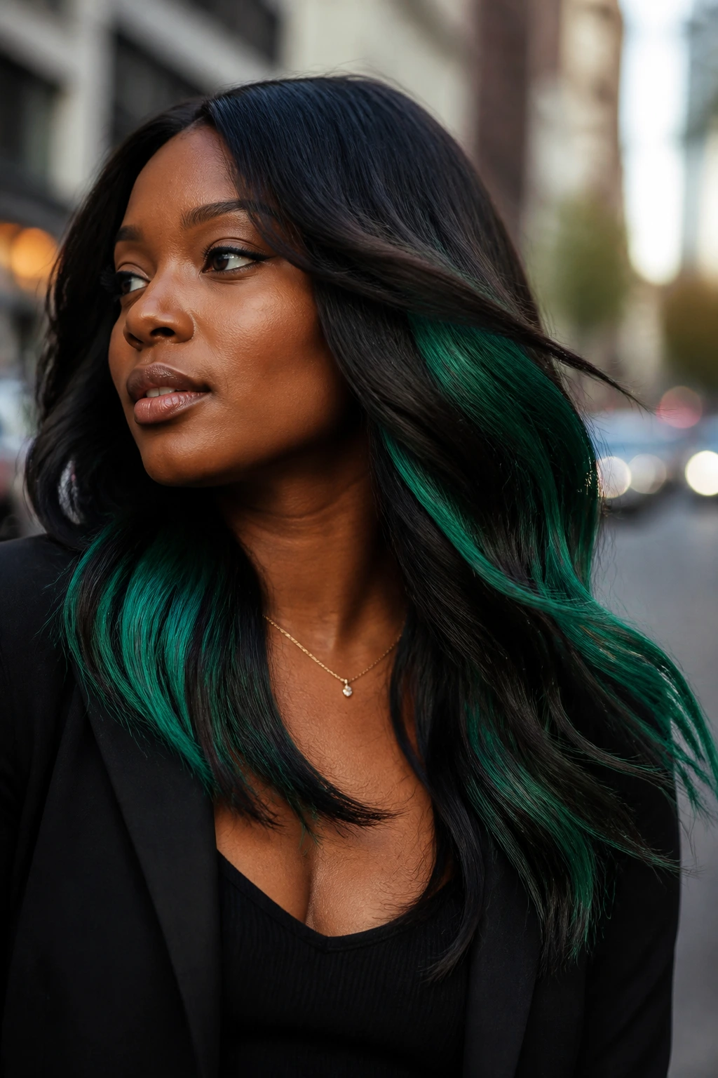 Close-up of hair with emerald peekaboo panels under dark base