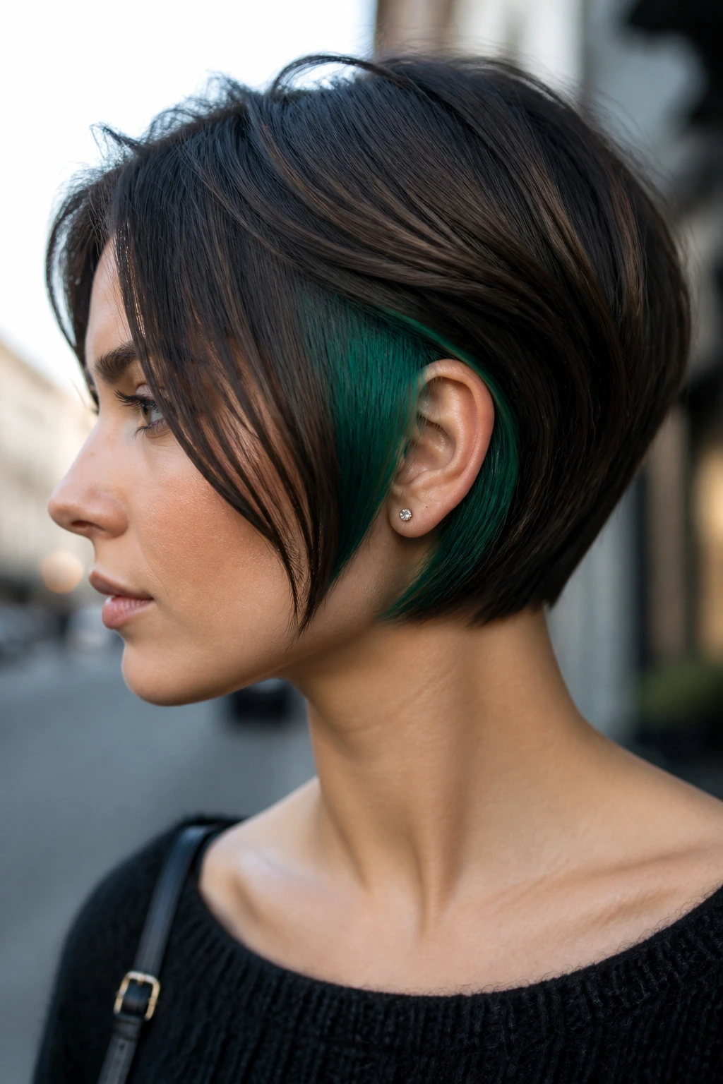 Close-up of Emerald Peekaboo Pixie Bob showing emerald underlayer peeking from behind the ear on a real person.
