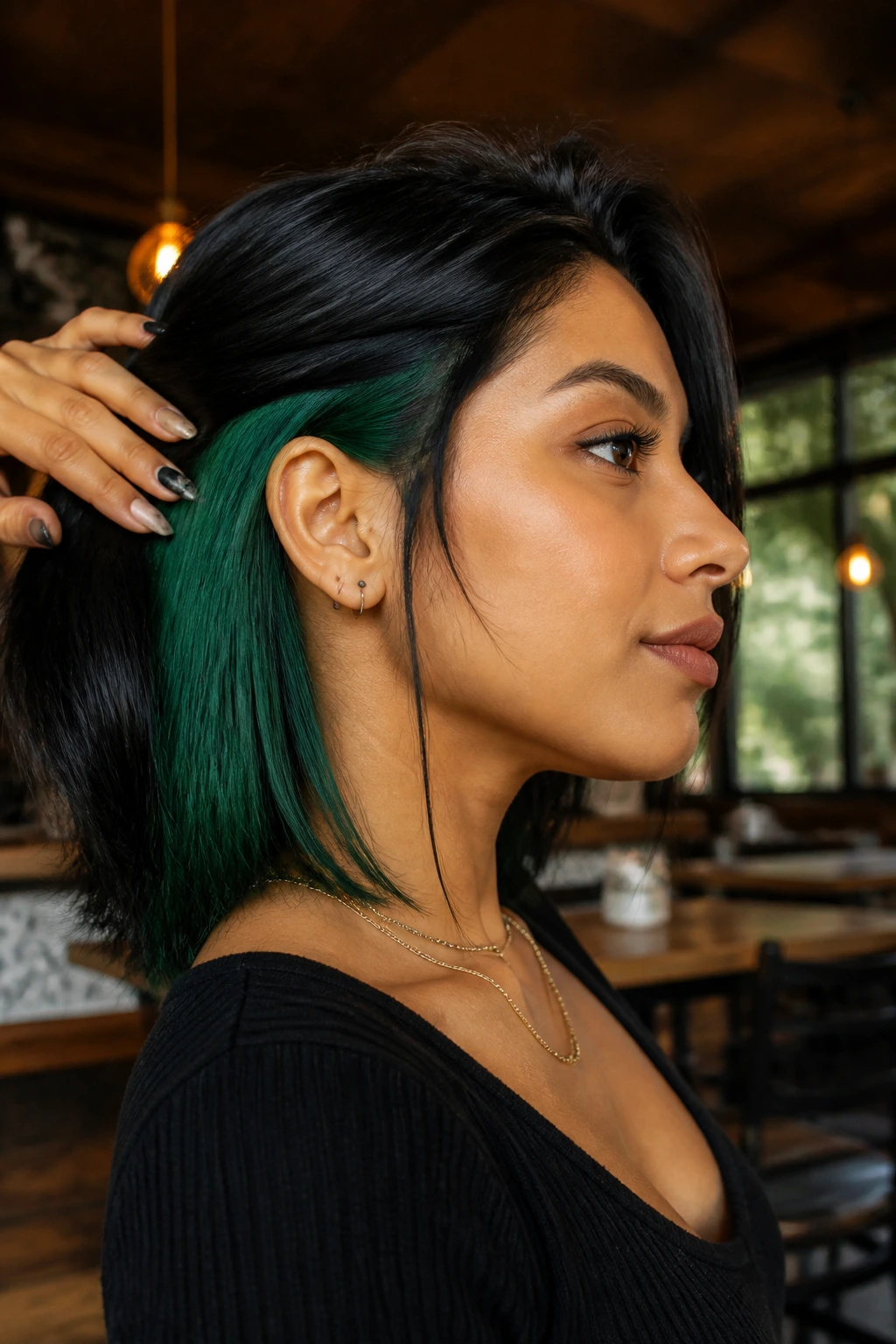 Real person with emerald peekaboo undercut peeking through black hair