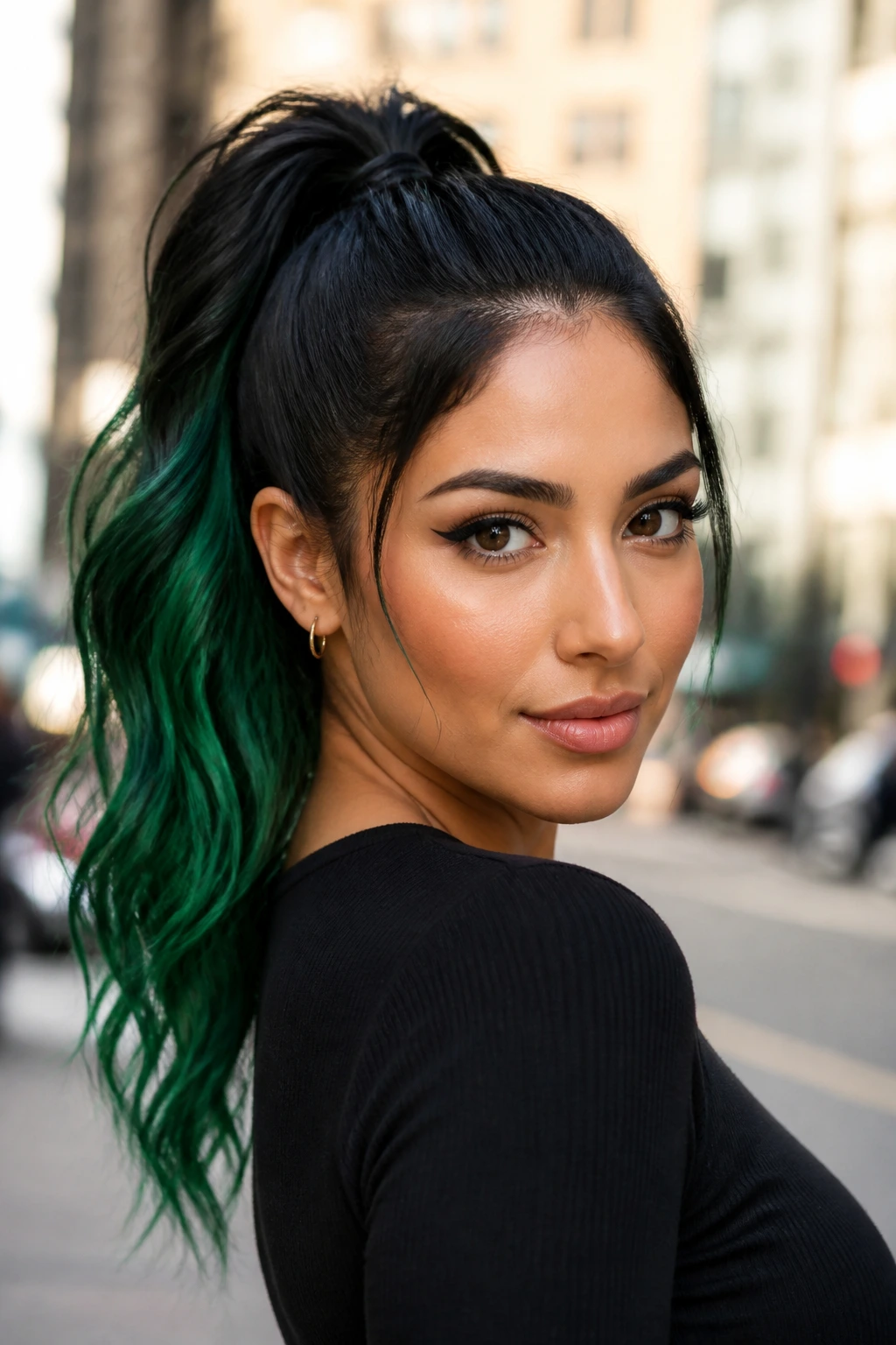 Close-up of a real woman with emerald-tipped high ponytail framing her face