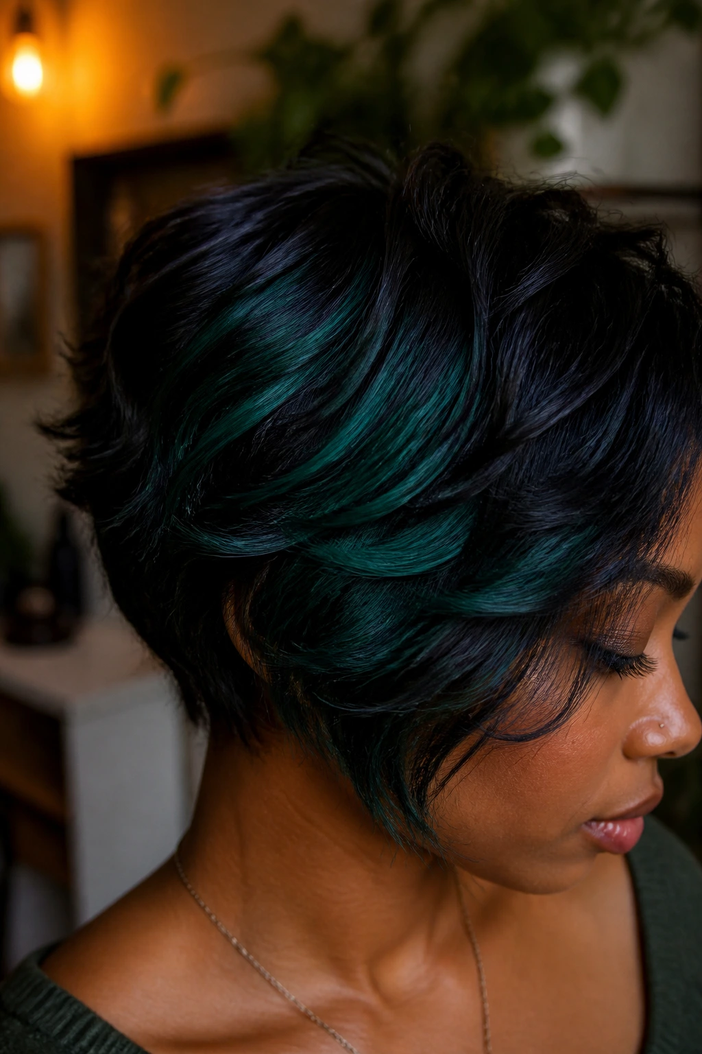 Close-up of a real person with emerald streaks visible in layered hair