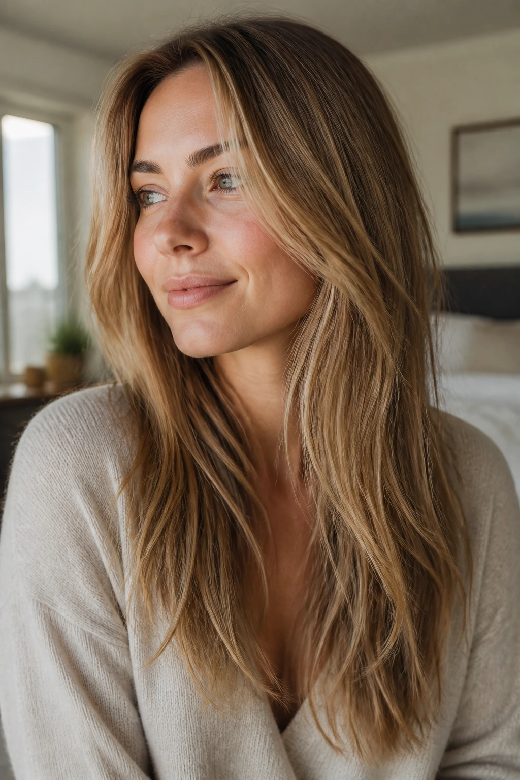 Close-up portrait of a real woman with end-textured long layers for fine strands in a sunlit bedroom