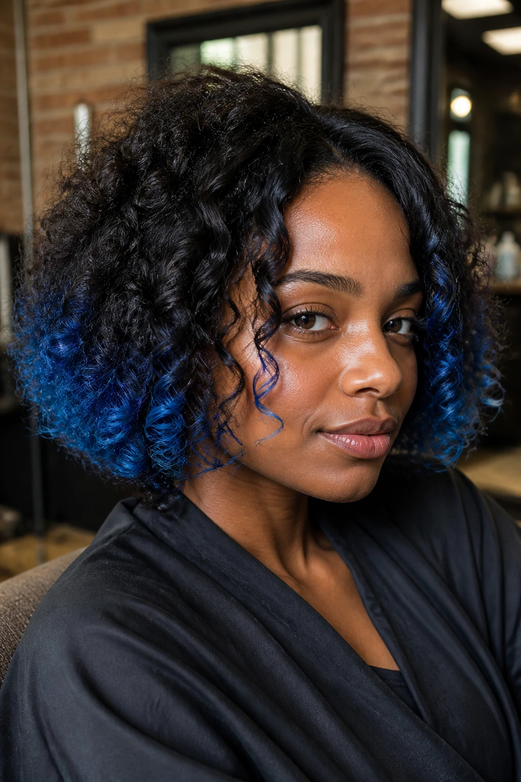 Close-up of a deep-skinned person with cobalt ends and natural roots