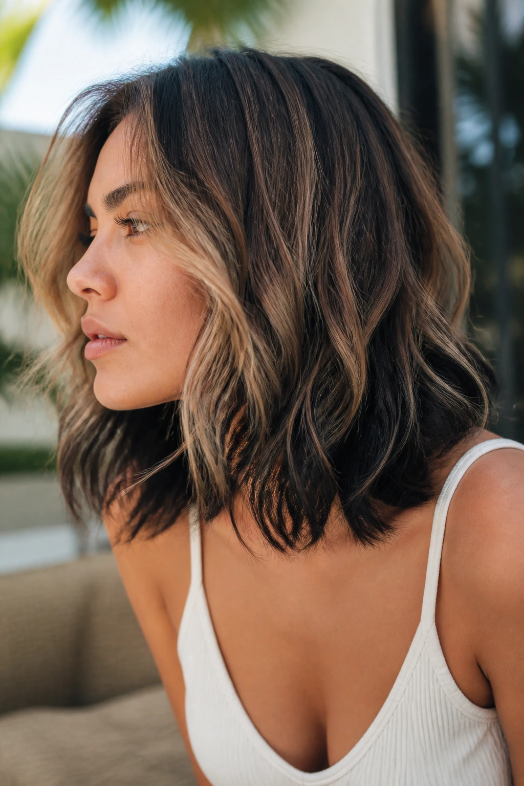 Portrait with darker hair ends creating a grounded wave