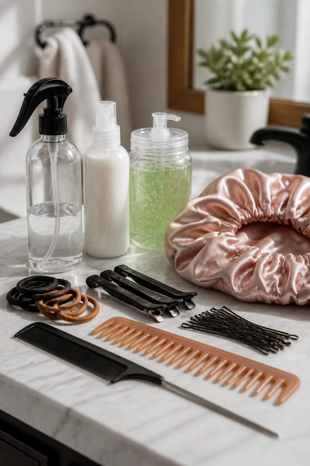 Close-up still-life of essential hair-styling equipment for kids with curly hair on a bathroom vanity.