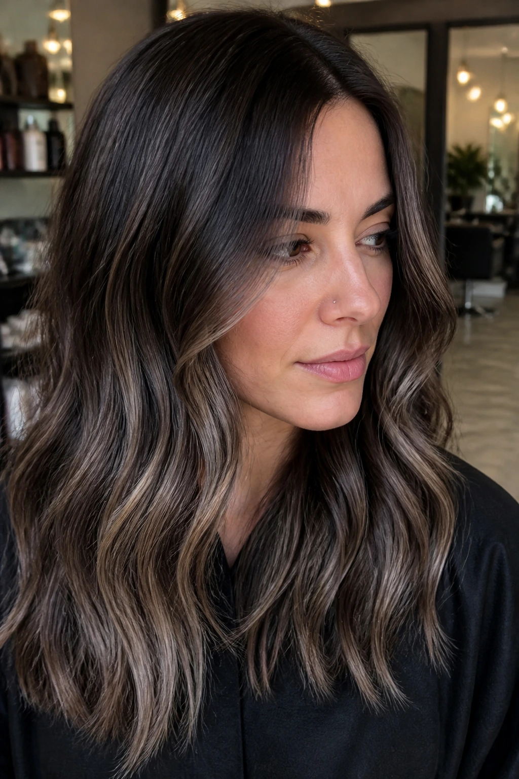 Close-up of a real woman with espresso-rooted brunette and ash balayage