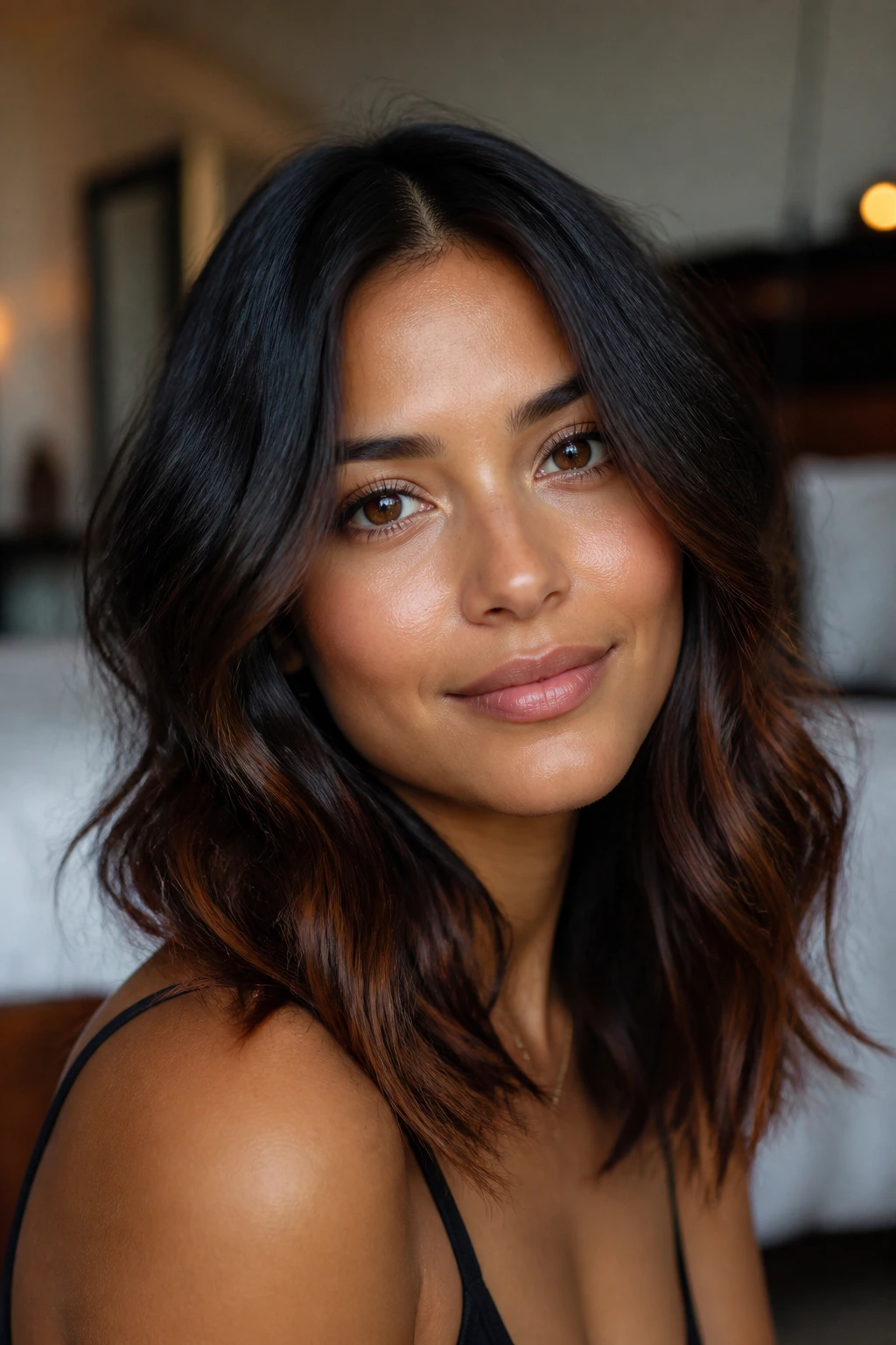 Close-up portrait of a real woman with dark espresso hair and subtle auburn ends