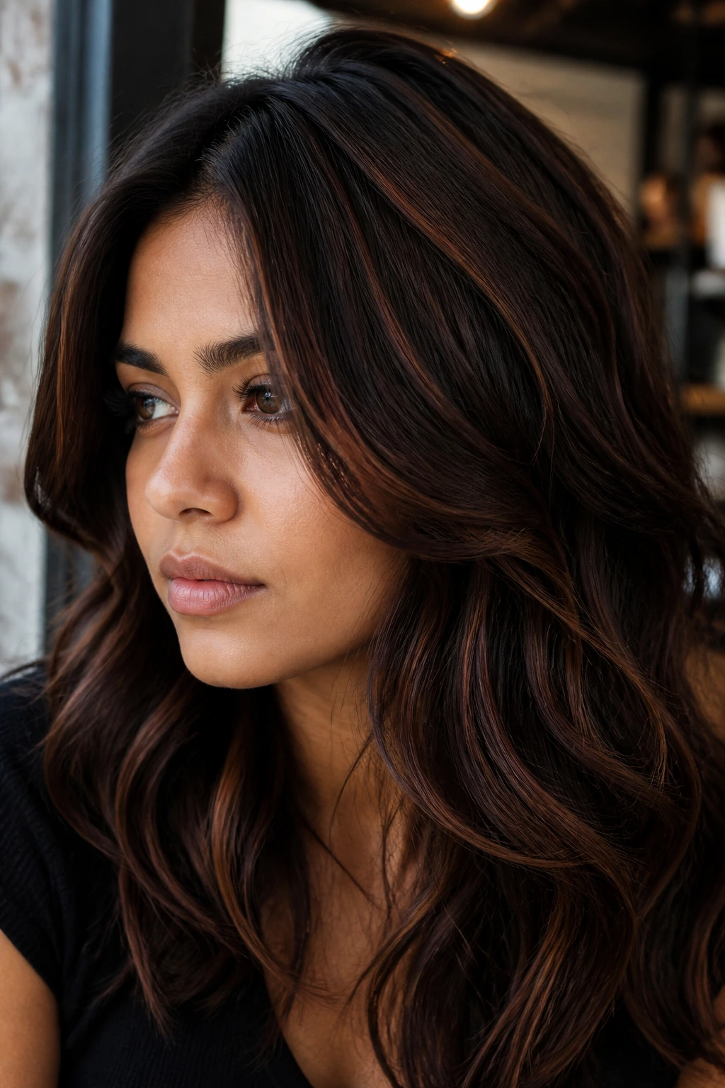 Close-up of real woman with espresso base hair and auburn veils catching light