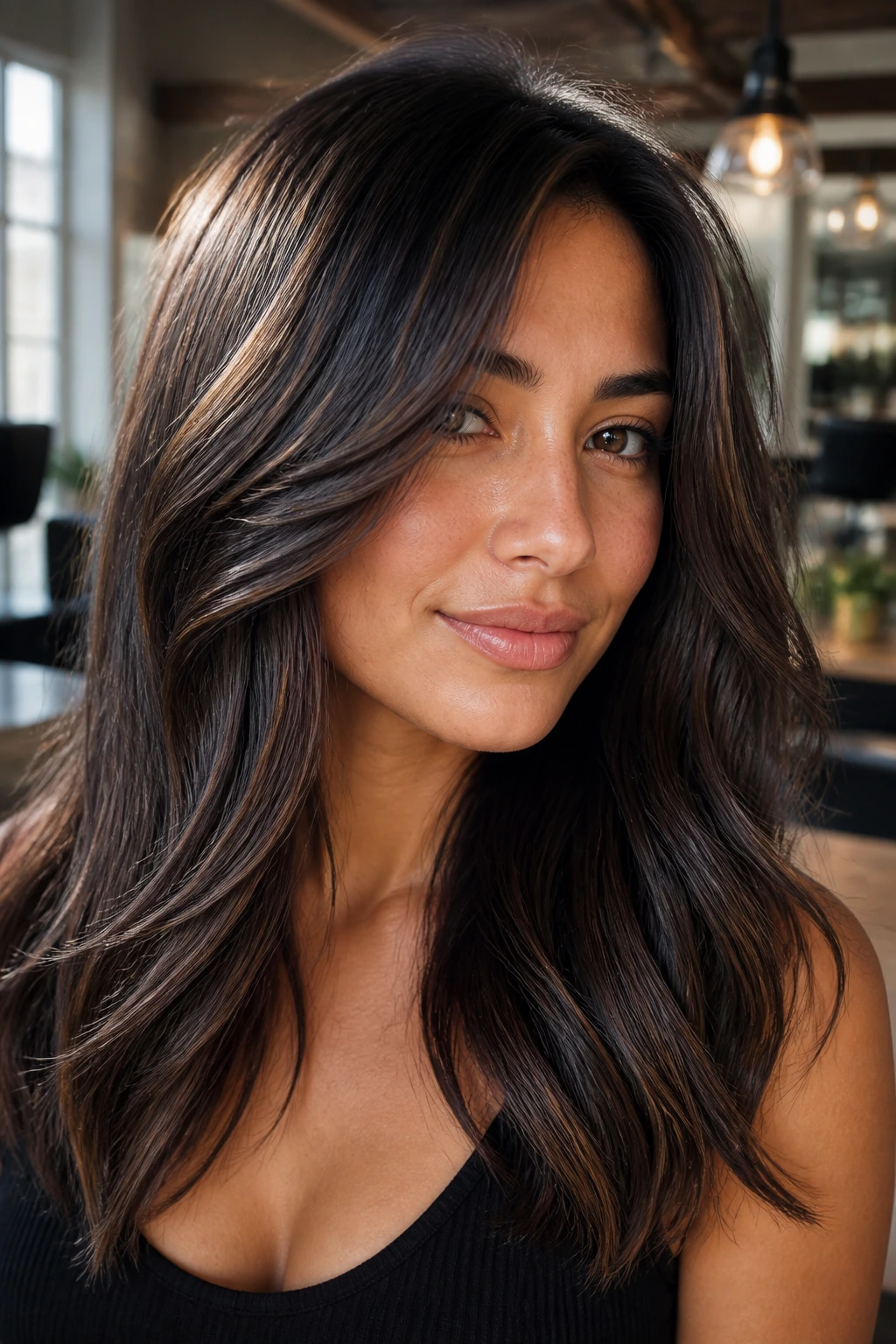 Close-up of a real woman with espresso babylights in dark brunette hair