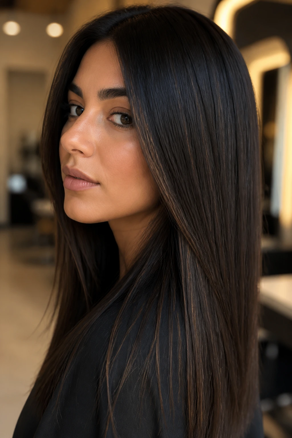 Close-up of a real person with espresso babylights on straight hair and olive skin