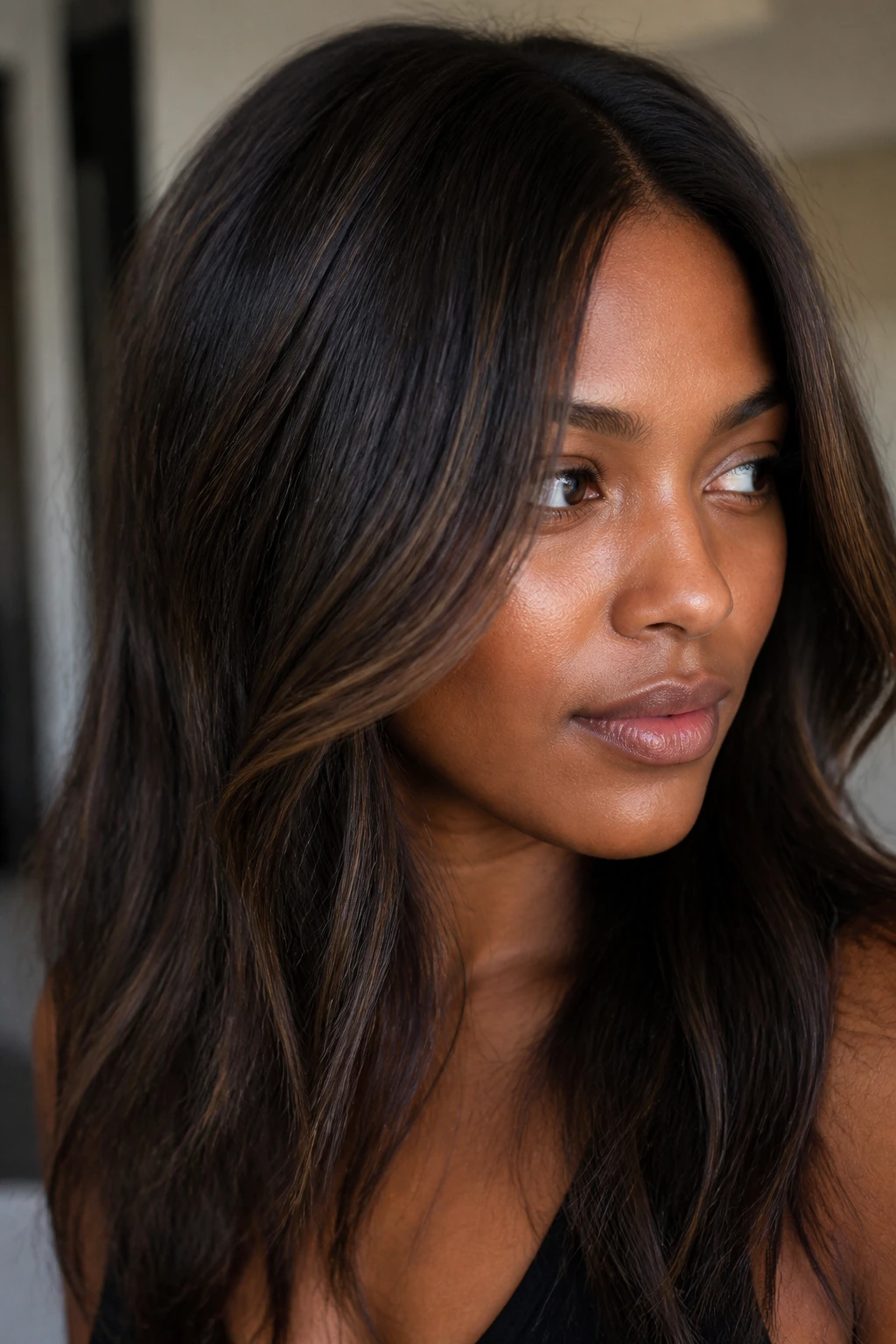 Close-up of espresso base hair with delicate babylights.