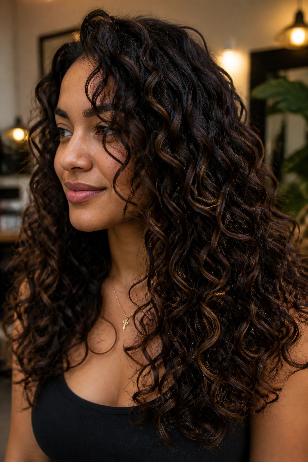 Portrait of curly hair with espresso ribbon balayage showcasing deep base and mocha ribbons.