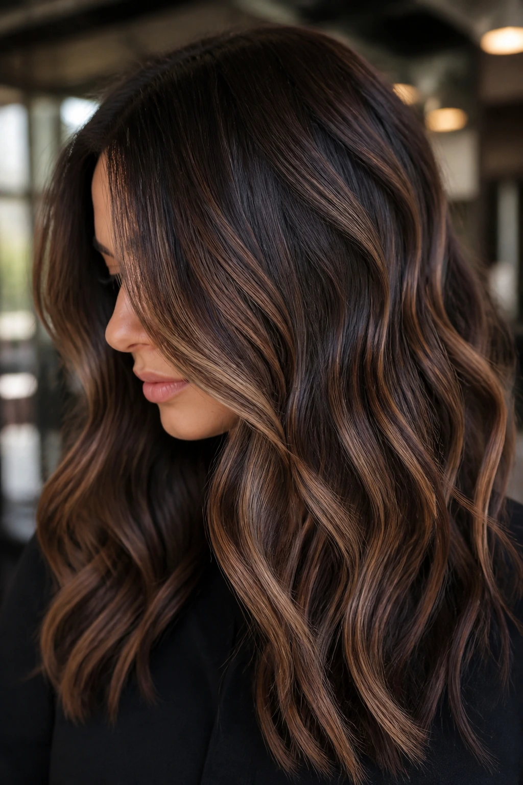 Close-up of espresso base hair with smoky caramel ribbons on a real person