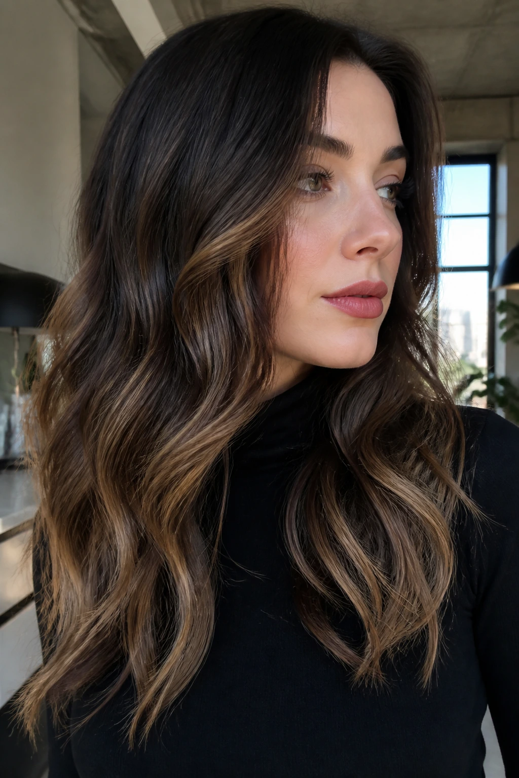Portrait of a person with smoky espresso balayage and toasted caramel ends
