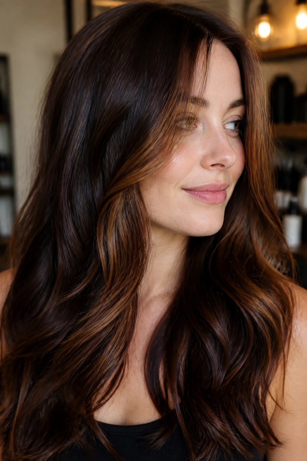 Close-up of a real woman with espresso base and amber gloss