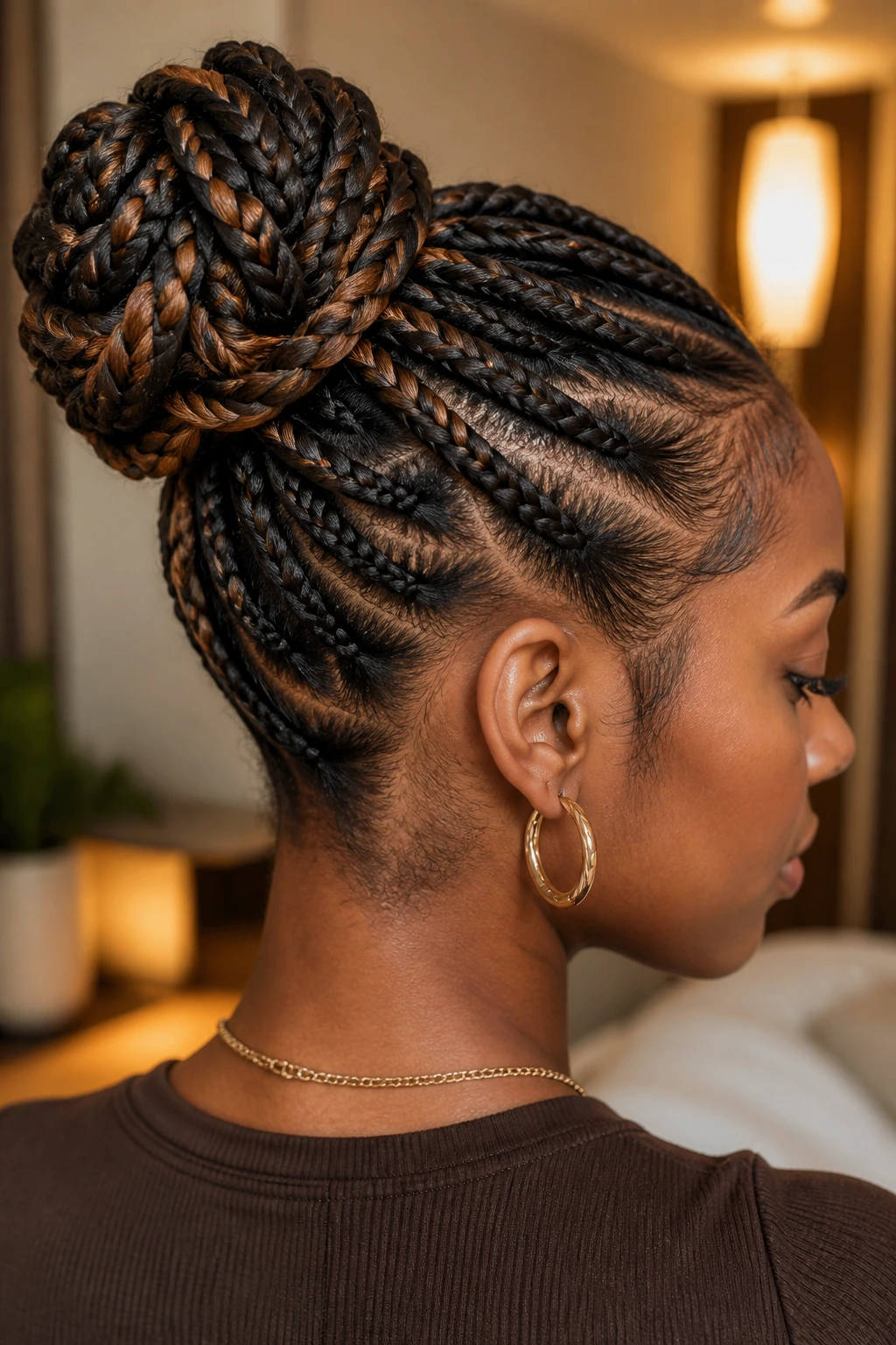 Close-up of a real woman with espresso base and caramel braided bun