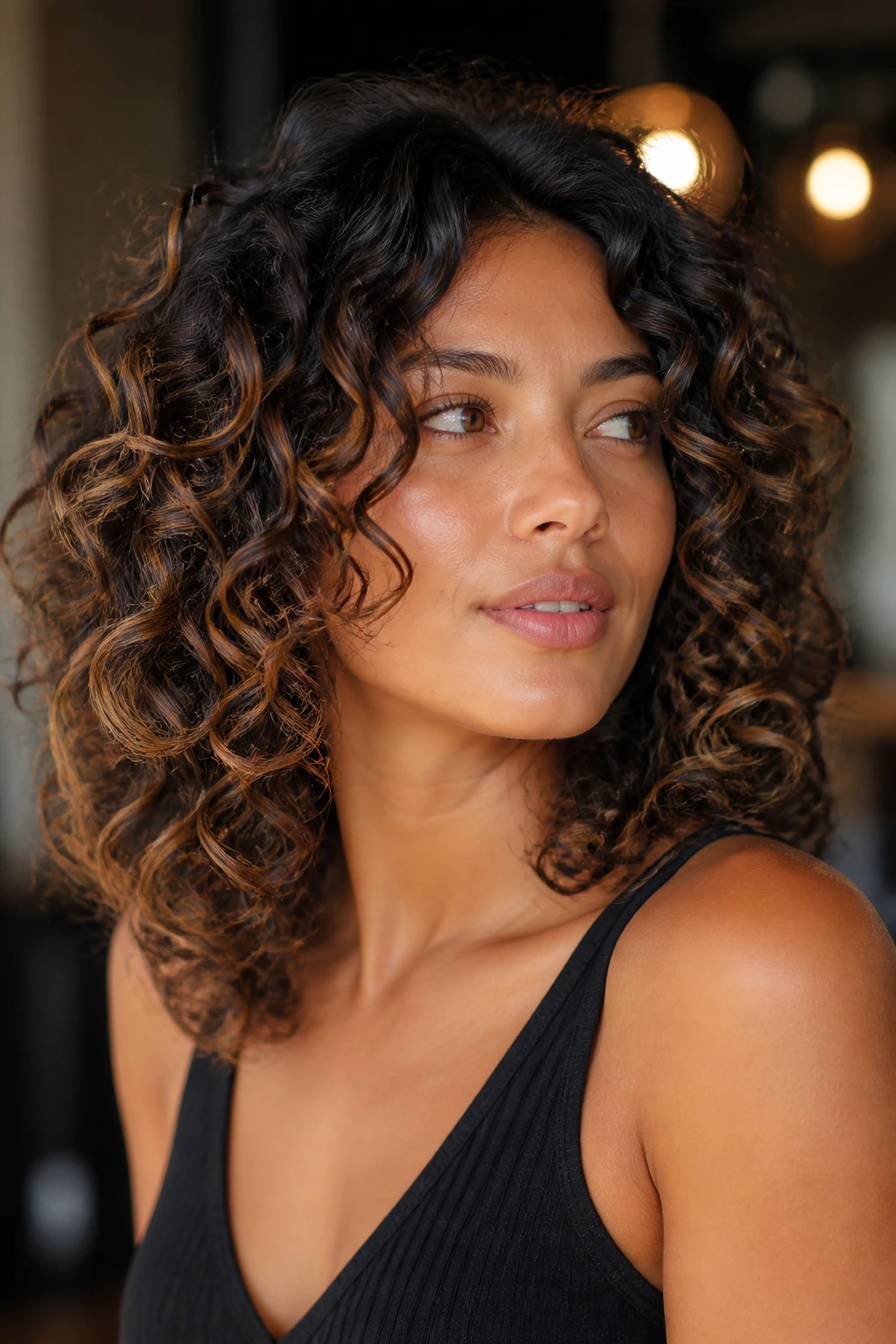 Close-up of a real woman with espresso base and caramel curls in a curly cut