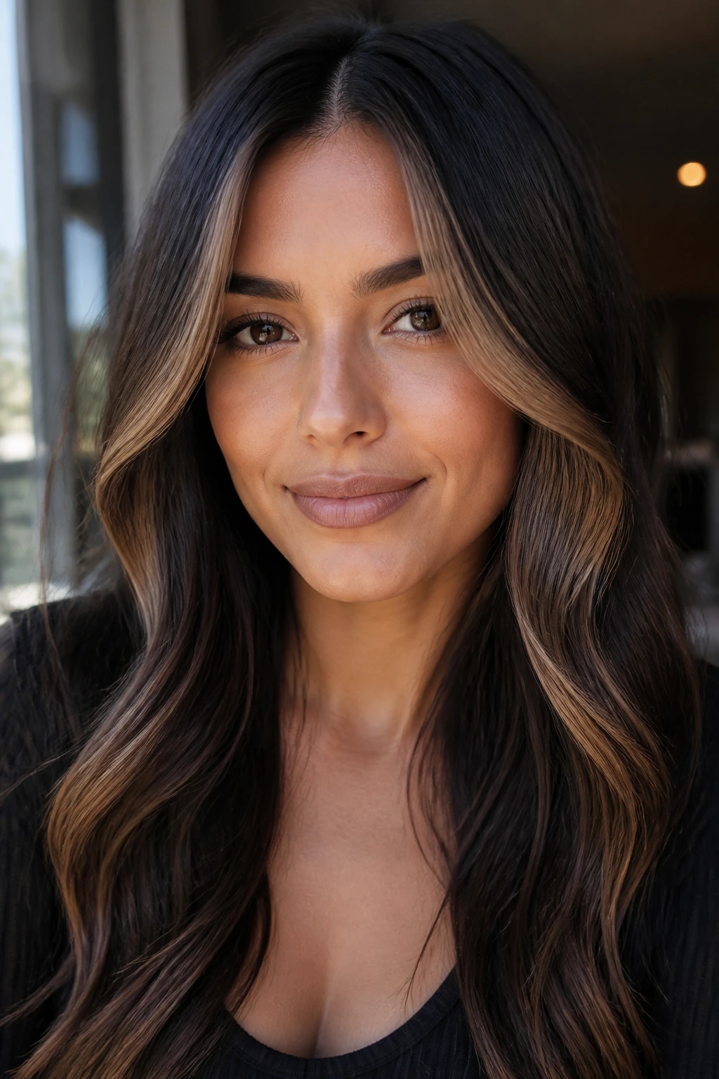 Portrait of a person with espresso base hair and caramel face frame highlighting the face.