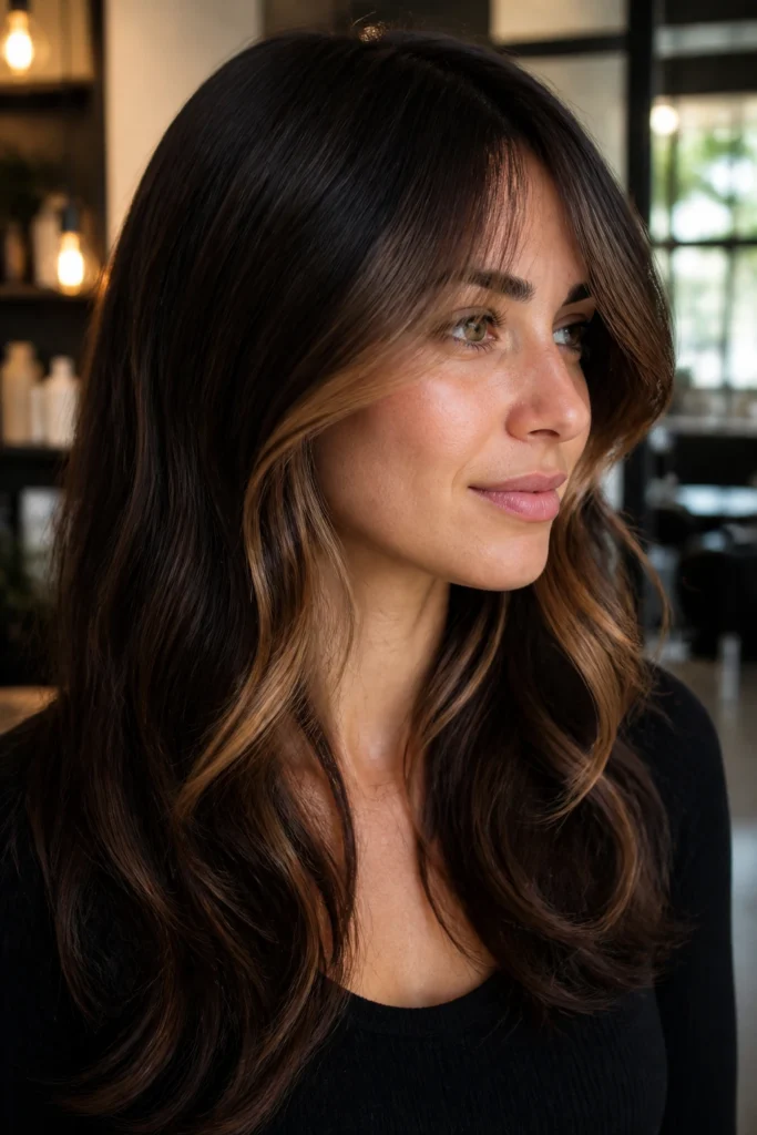 30 Bold Hair Color Ideas for Brunettes with Side-Swept Bangs