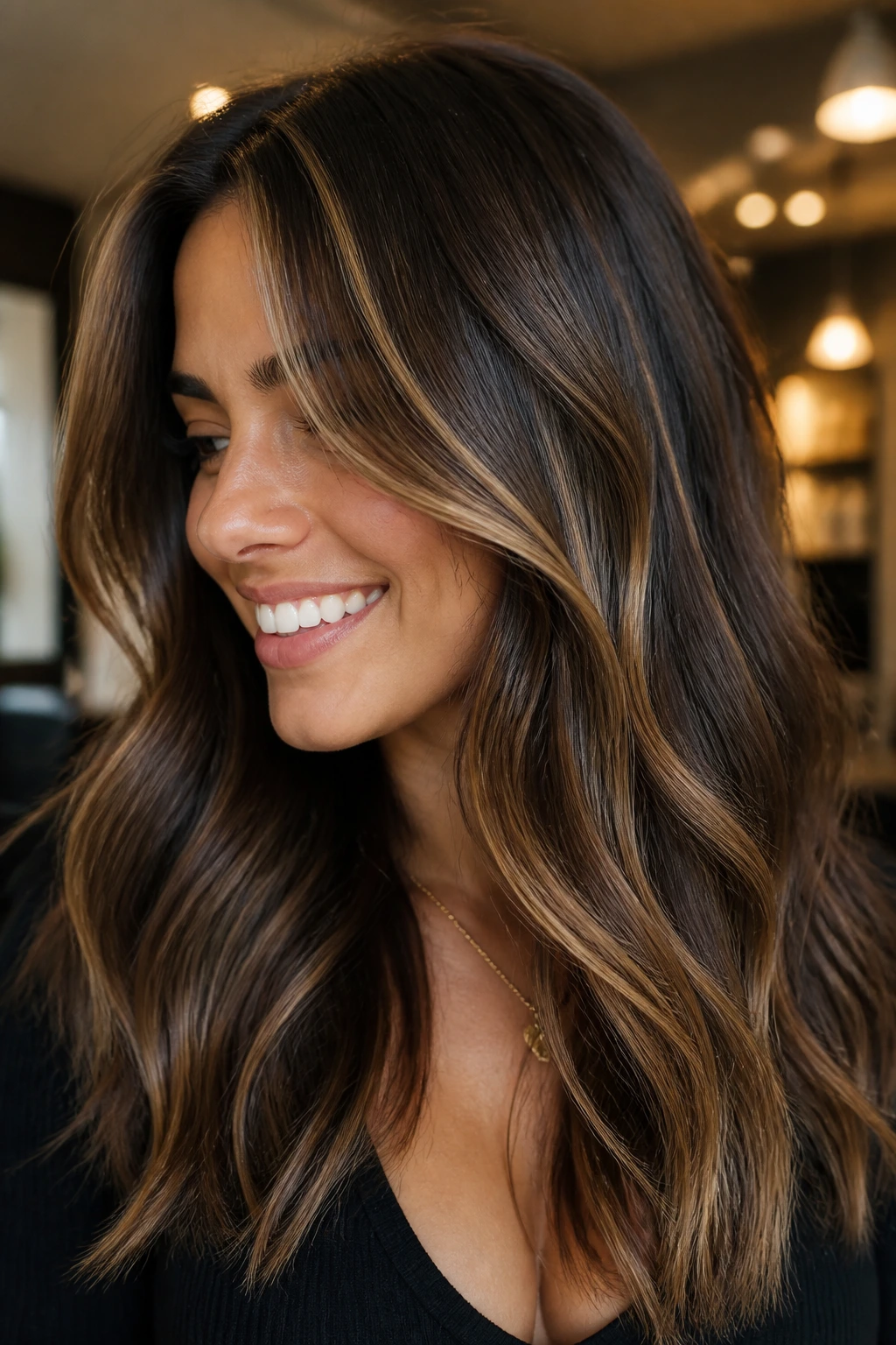 Espresso brunette with champagne-gold veil highlights around the face, close-up.