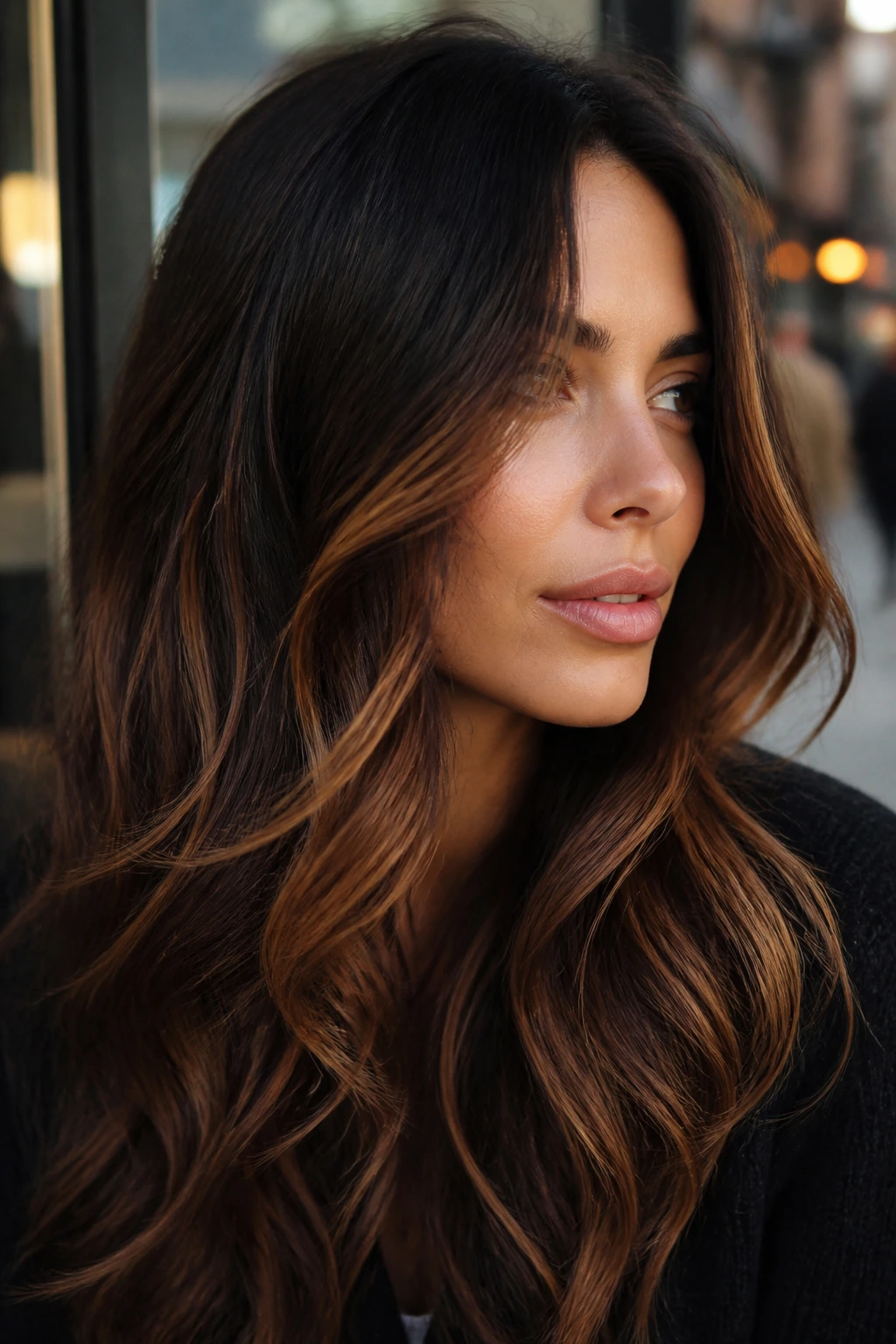 Close-up of a real woman with espresso base hair and cinnamon ribbons framing the face