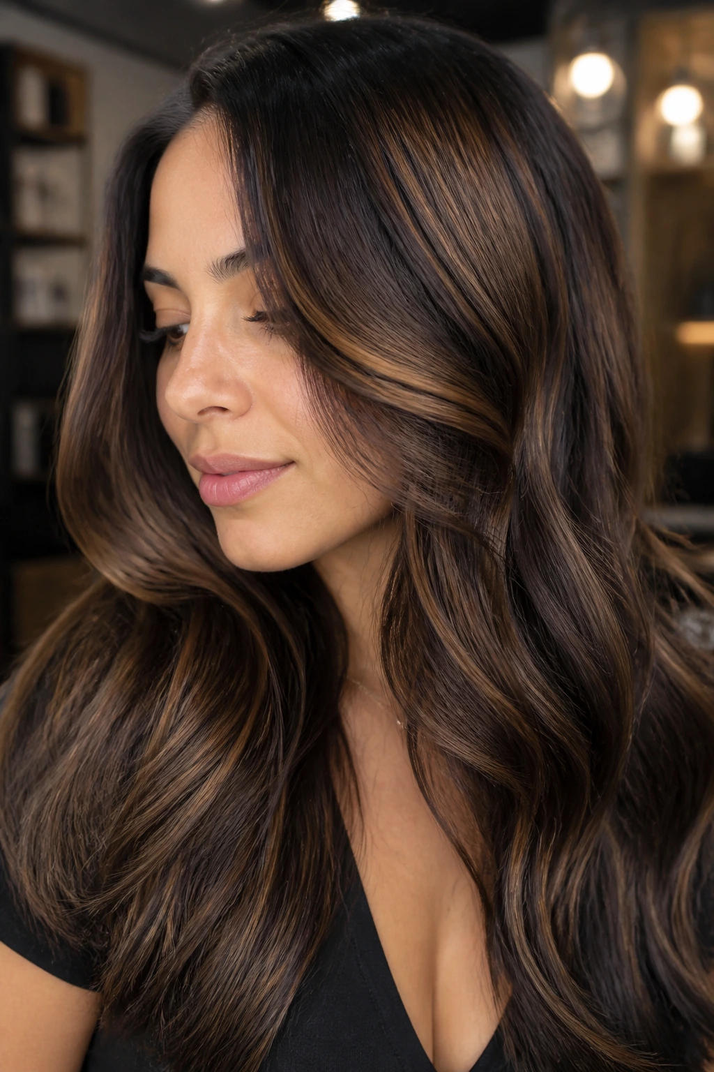 Close-up of a real woman with espresso base hair and gold veil highlights.