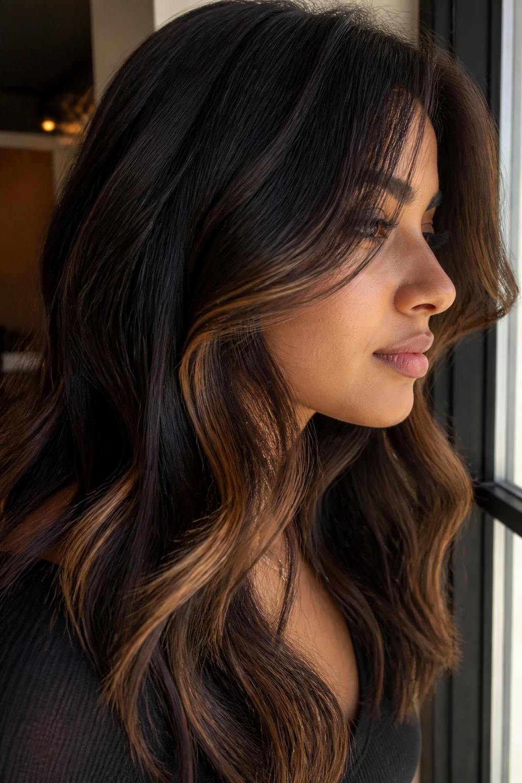 Olive-skinned woman with espresso base hair and honey caramel peekaboo panels