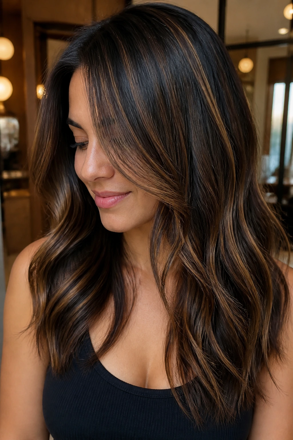 Close-up portrait of a real woman with espresso base hair and subtle honey slices.