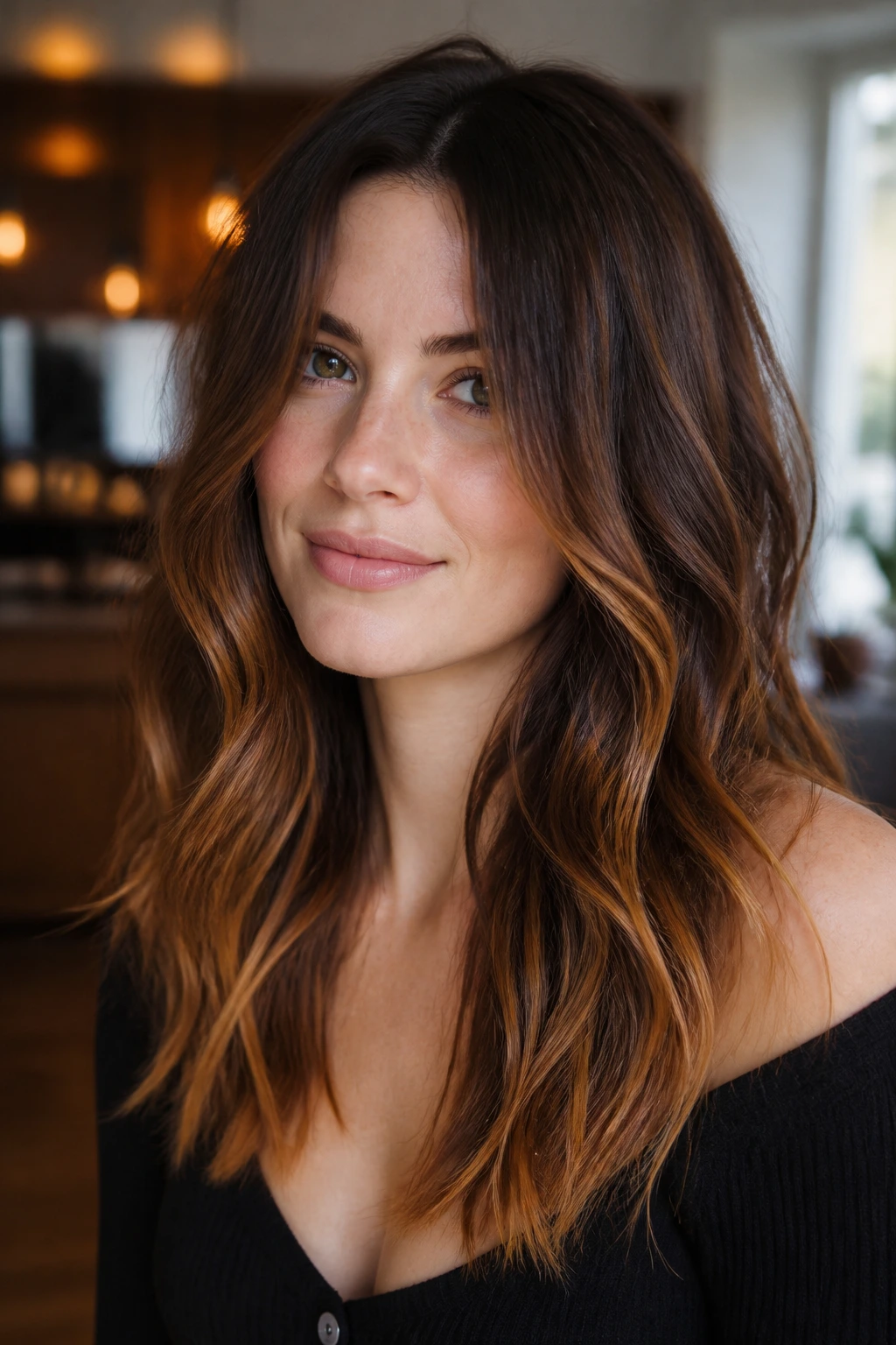 Real woman showing espresso base with melted toffee ends in hair