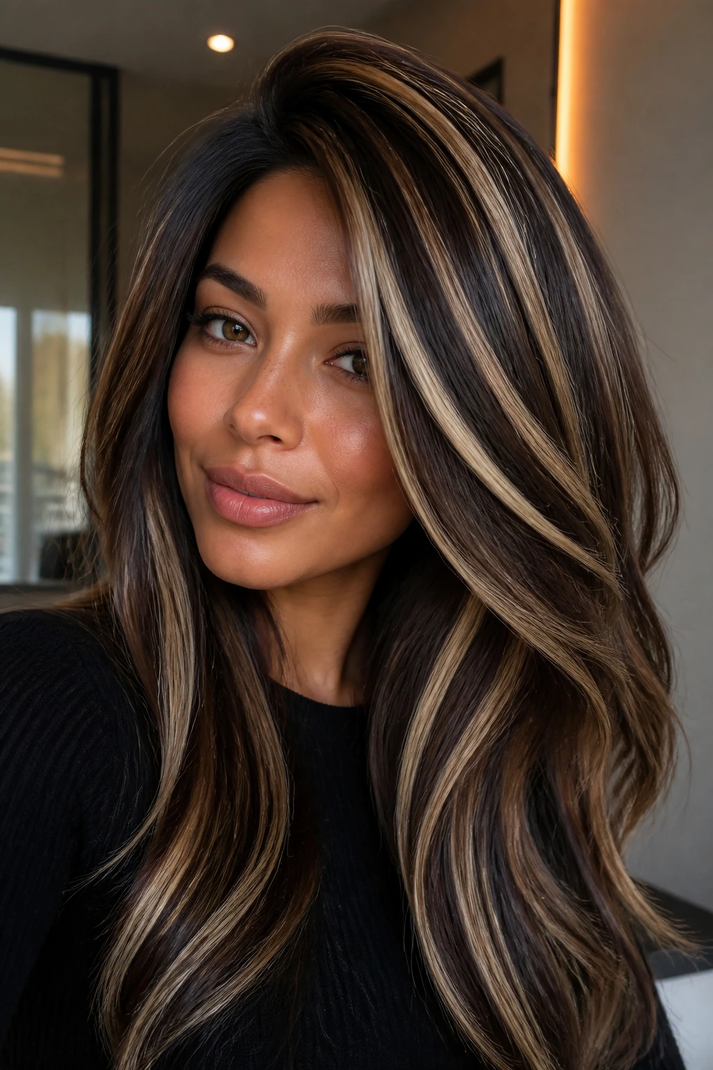 Close-up of a real person with espresso and beige zebra stripes in thick hair