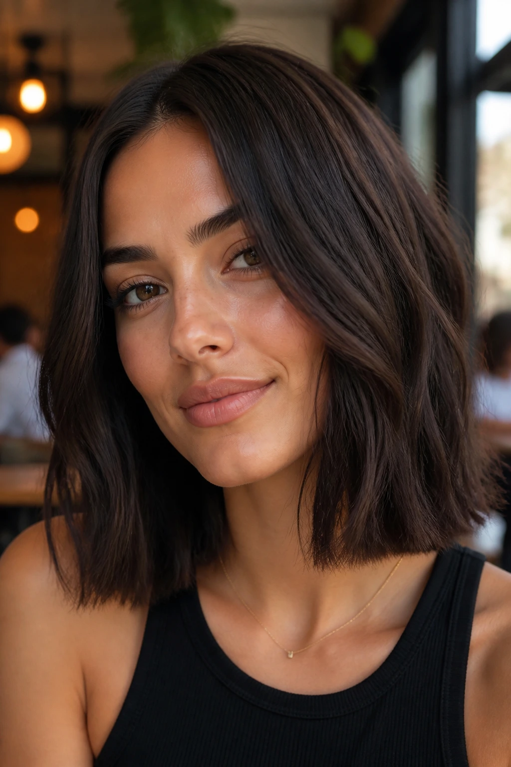 Close-up portrait of a woman with espresso blunt lob and airy texture