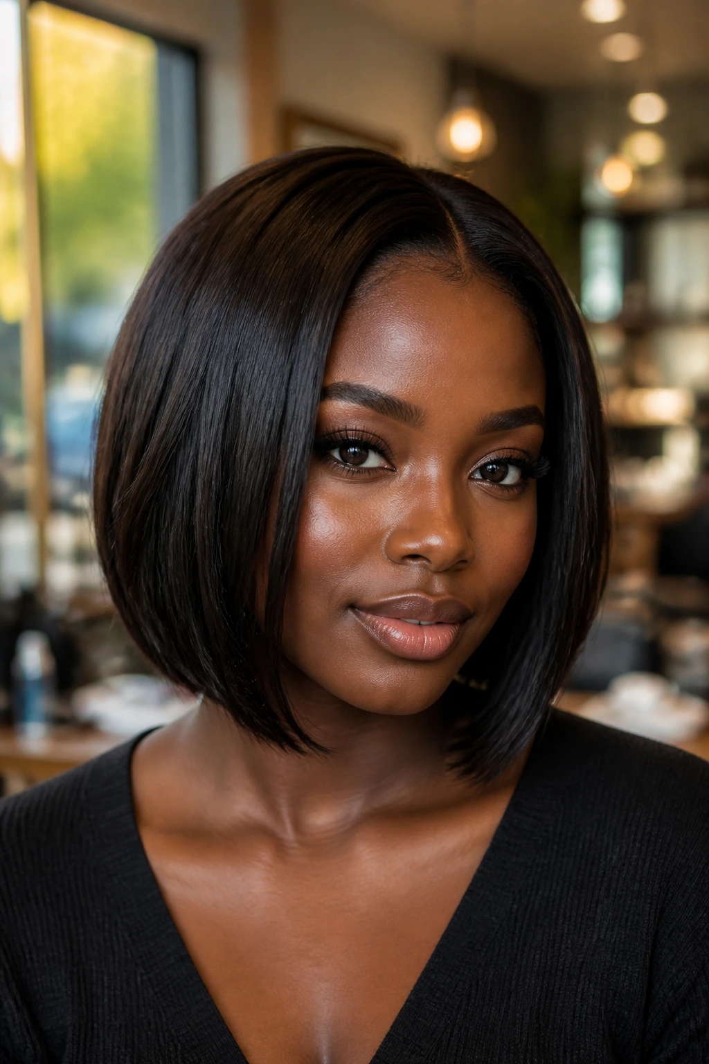 Close-up portrait of a deep-skinned person with glossy espresso bob in a warm salon