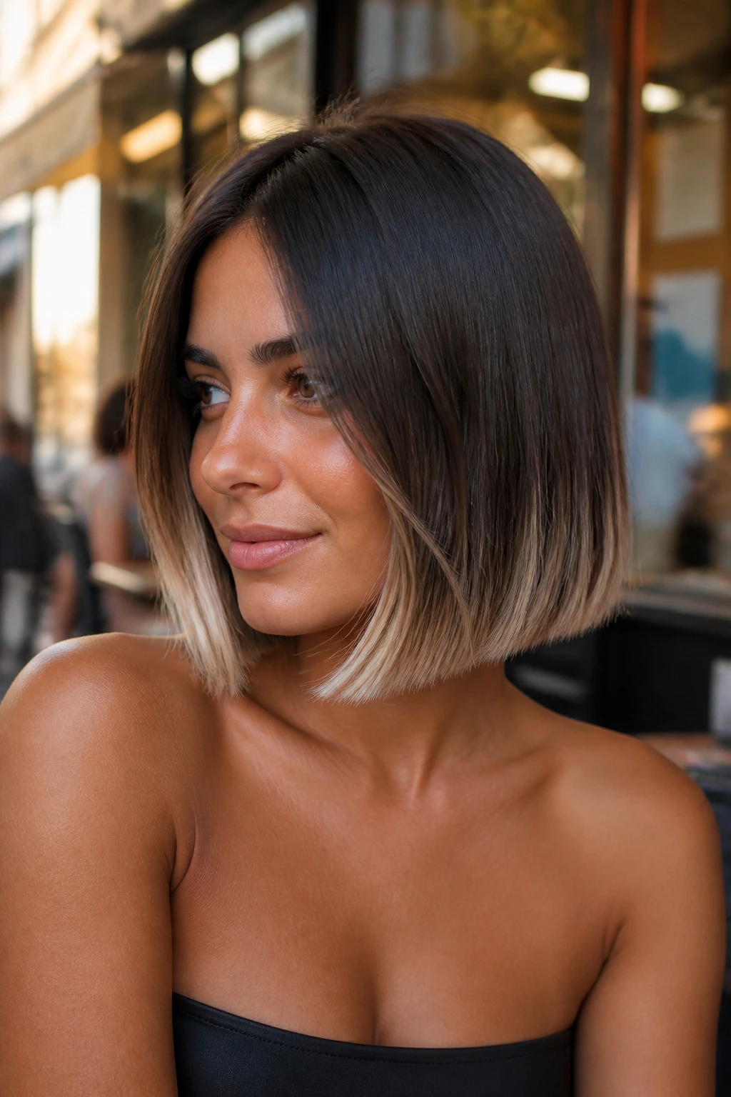 Close-up portrait of a real woman with espresso bob and frosted ends against an urban backdrop