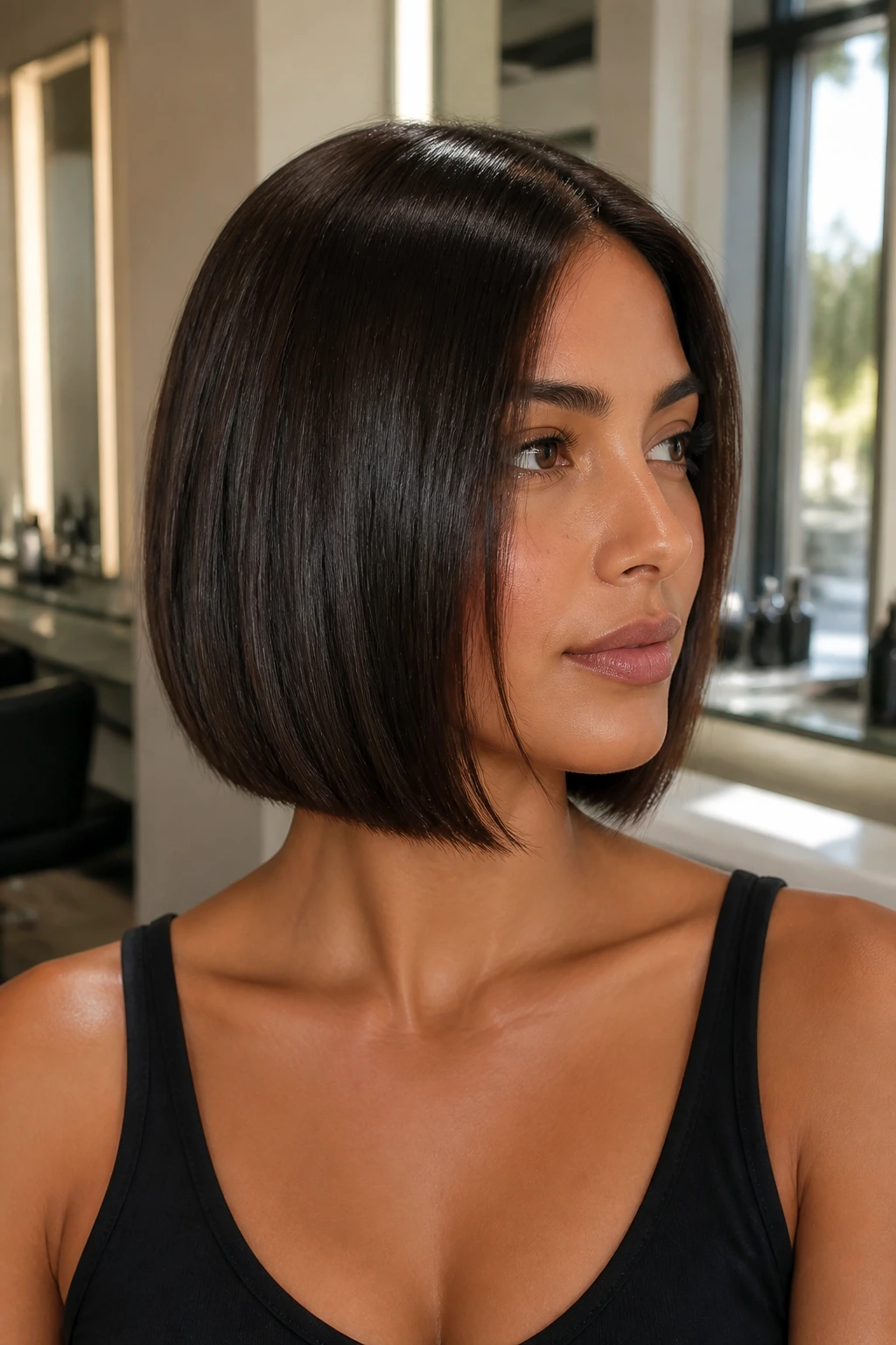 Close-up of a real woman with a glossy espresso bob against warm salon lighting