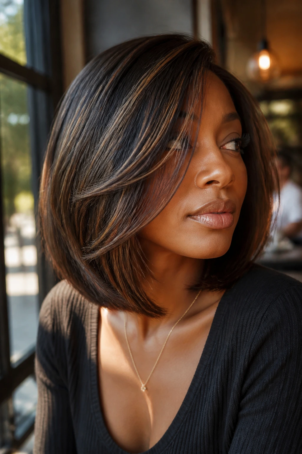 Real person with espresso-colored bob and honey babylights catching light