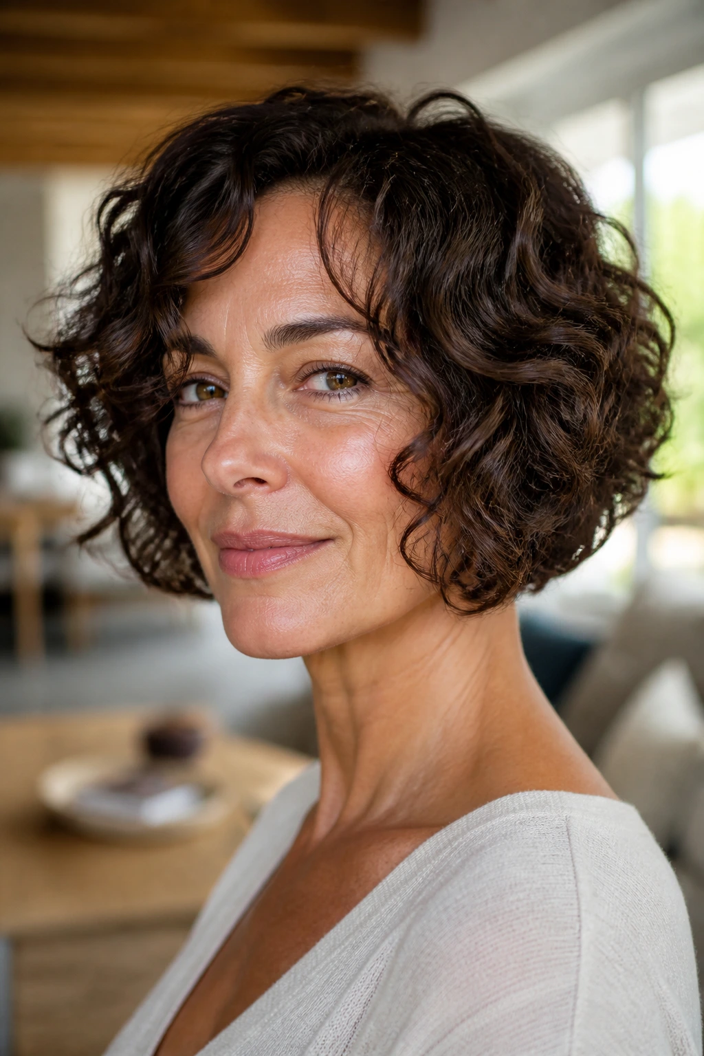 Close-up portrait of a woman with chin-length espresso bob and soft ringlets