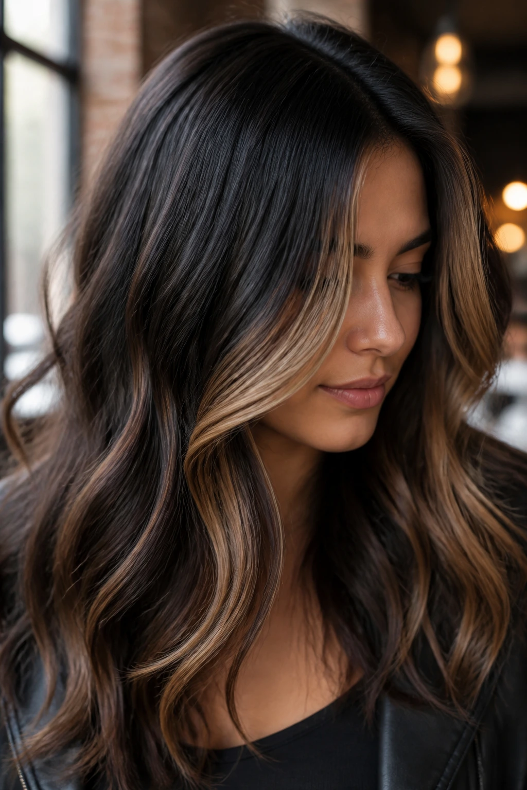 Close-up of espresso-to-bronde slices on a real woman's hair with high-contrast color blocks