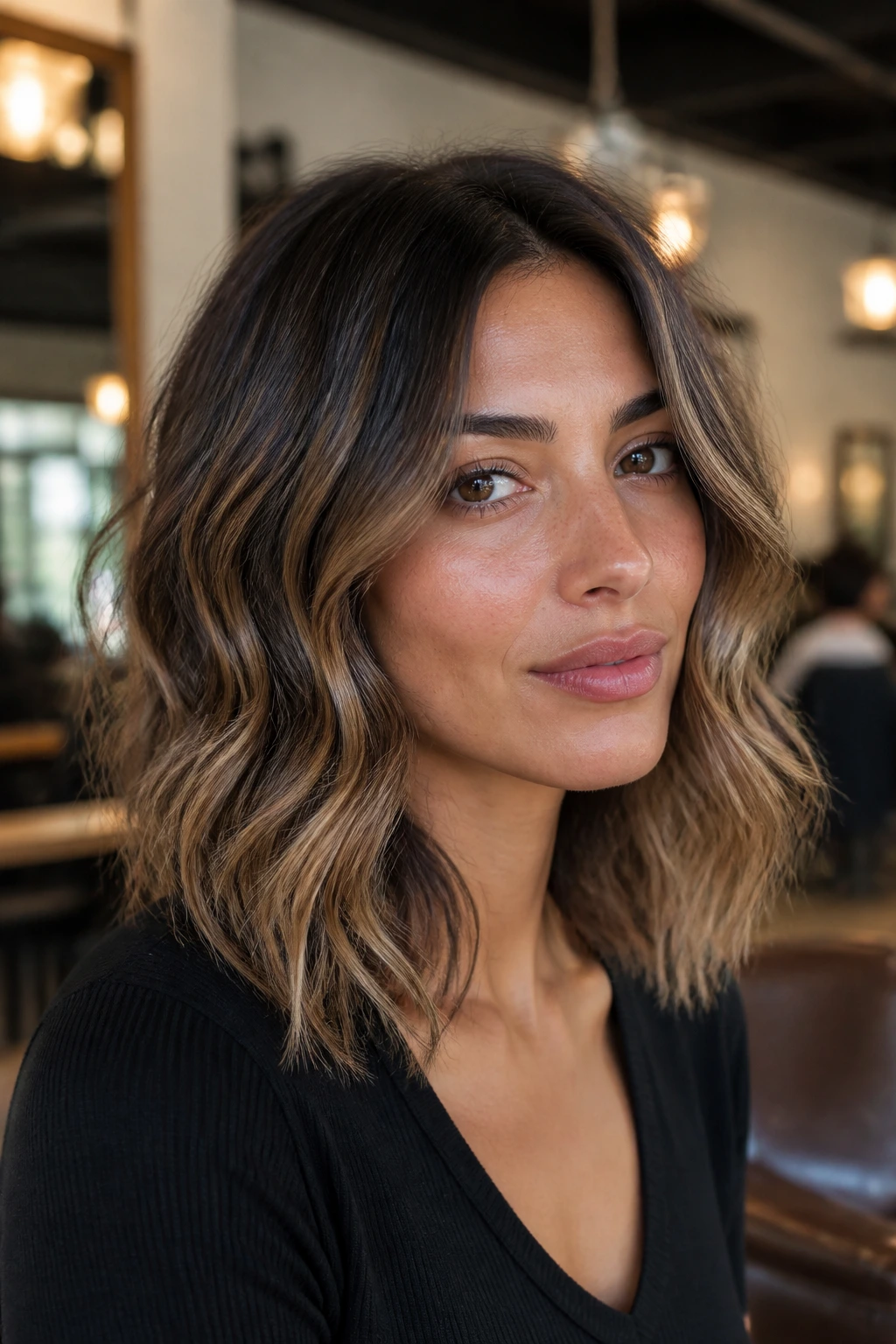Close-up of a real woman with espresso-to-bronde melt in a wavy midi cut