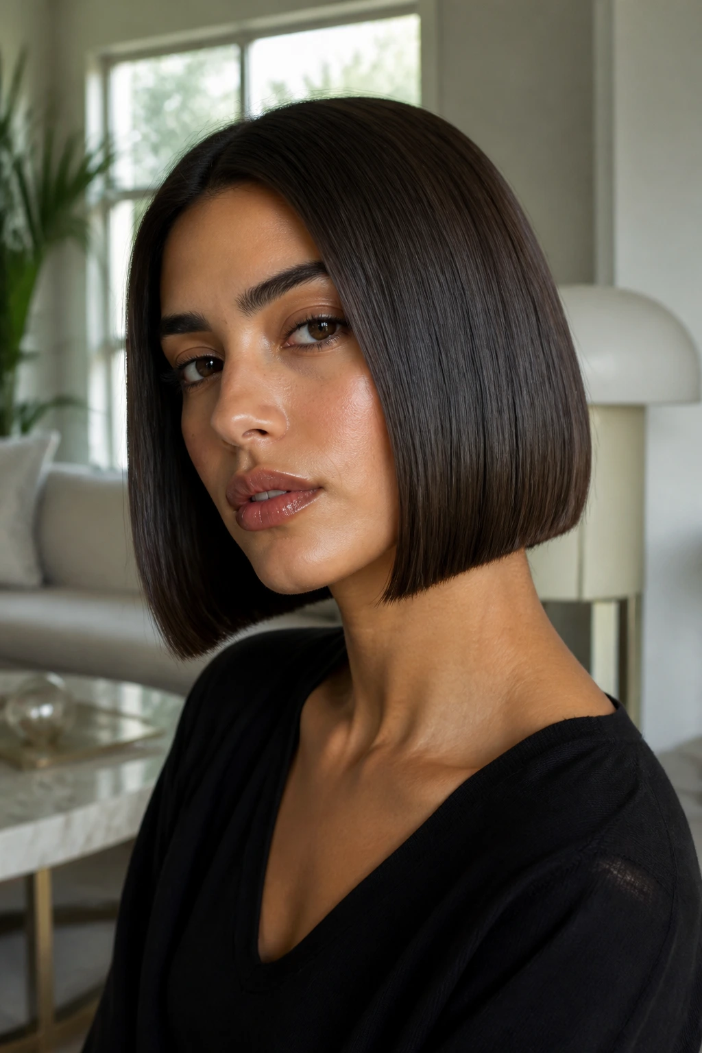 Portrait of a real woman with blunt espresso brown bob and olive skin.