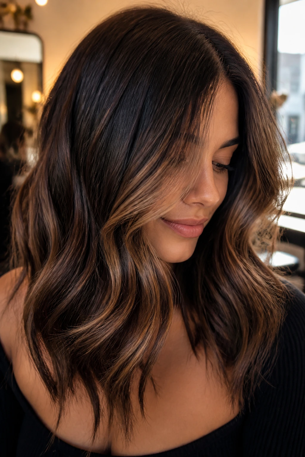 Espresso brown hair with soft caramel ribbons through mid-lengths in waves