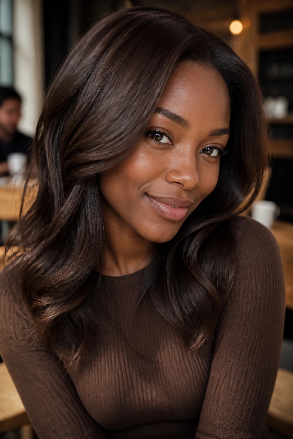 Close-up of a real person with espresso brown hair and cool chocolate depth