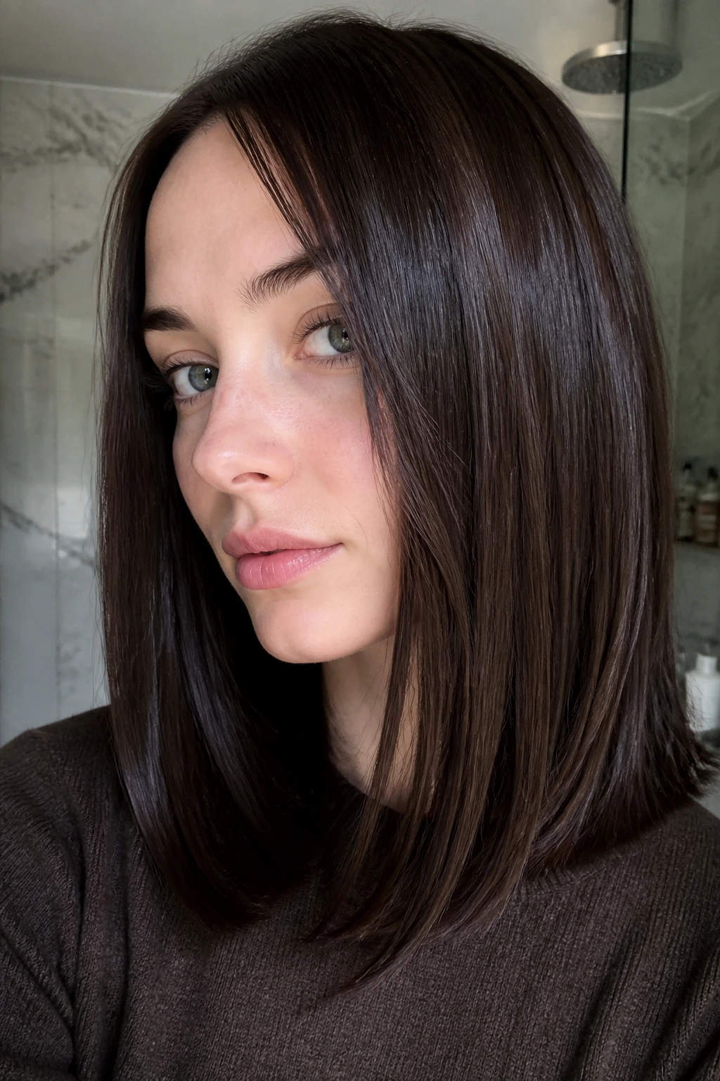 Portrait of a woman with straight espresso brown hair and a glossy shine