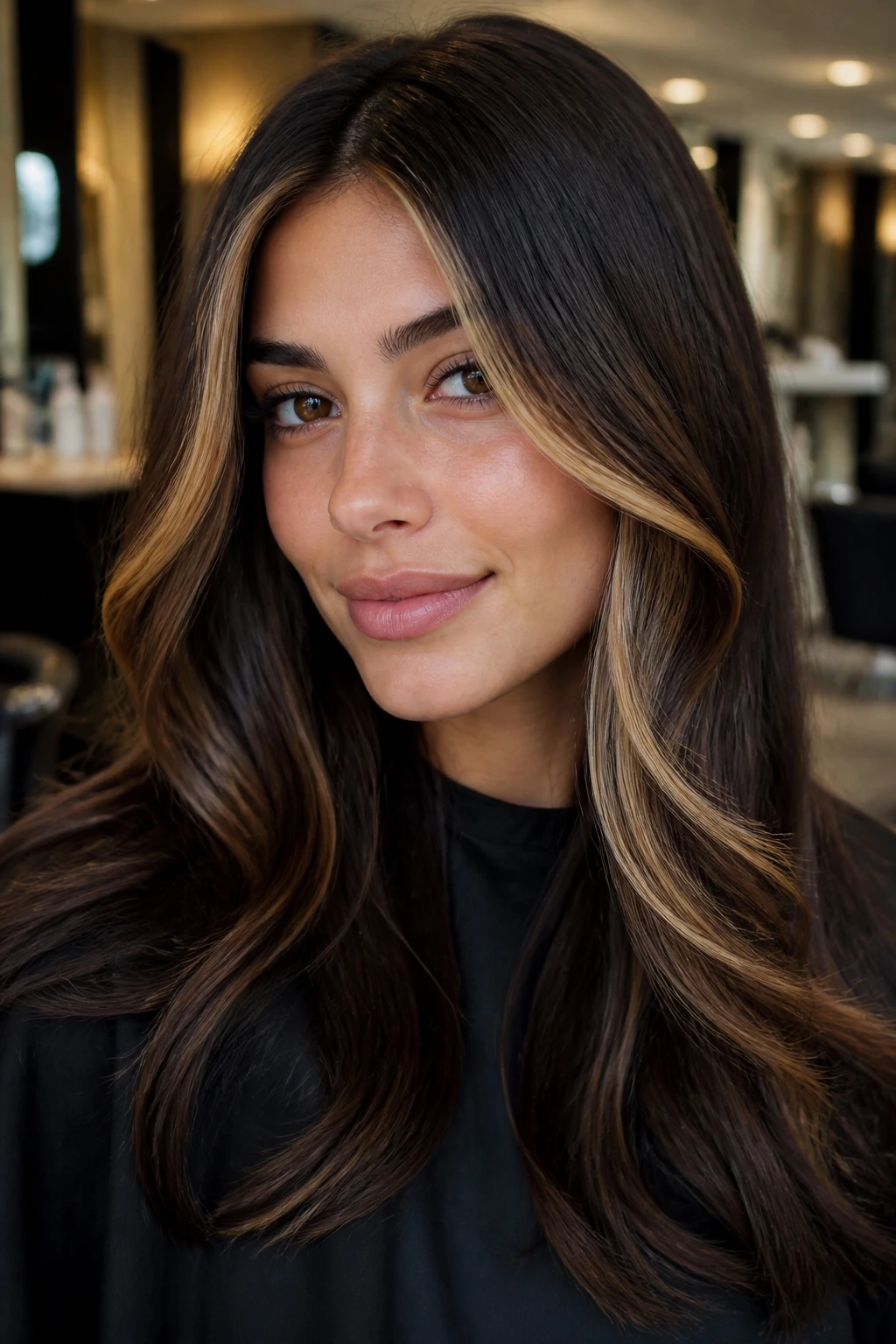 Close-up of a real woman with espresso brown hair and gold money piece highlighting cheekbones