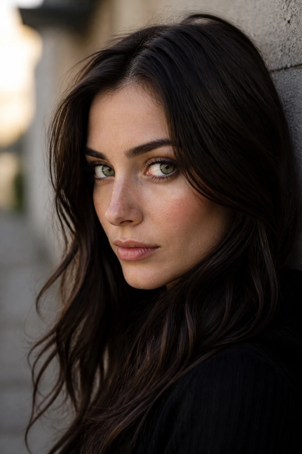 Close-up portrait with espresso brown hair and high-contrast lighting