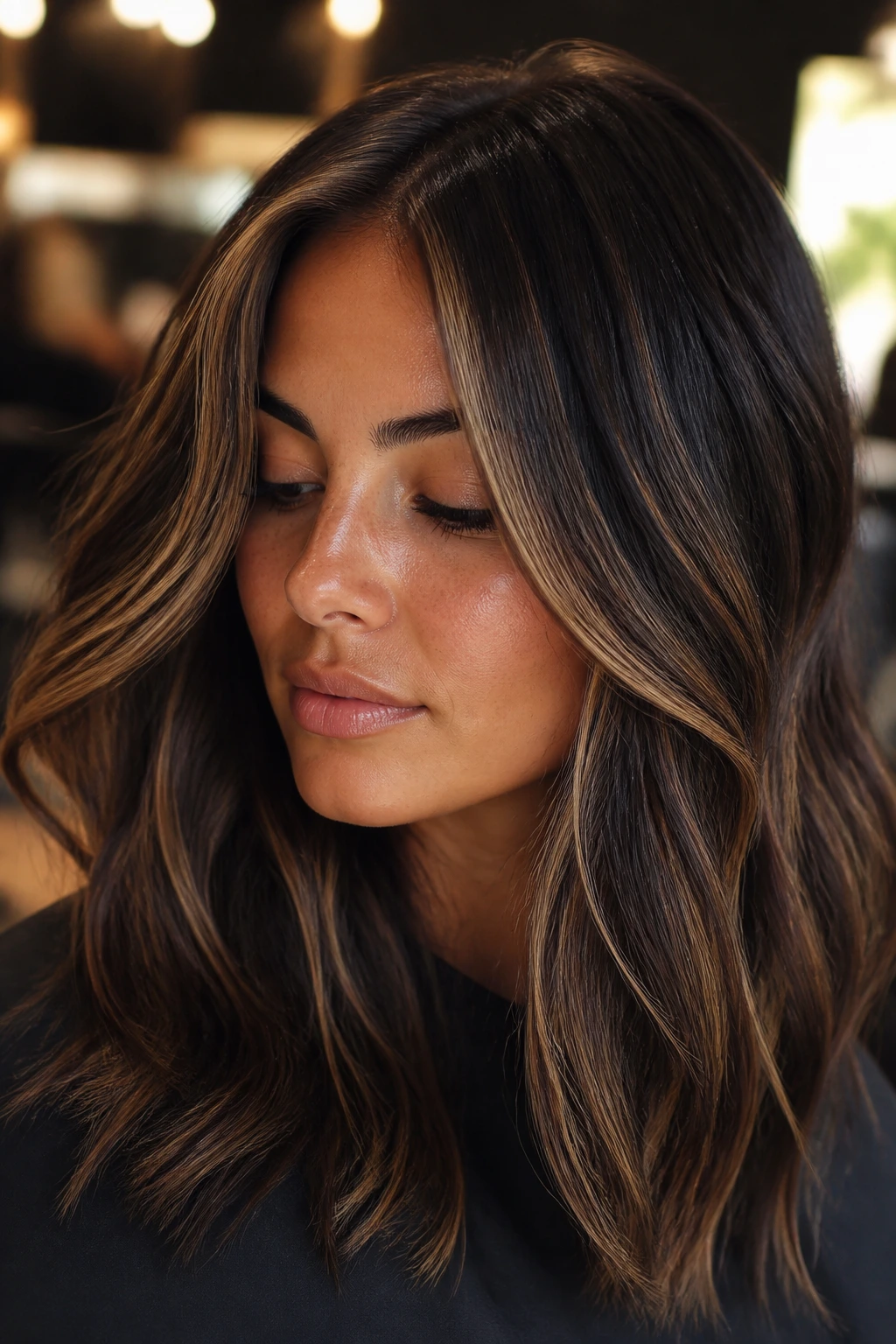 Portrait of a real woman with espresso brown base and soft honey ribbons around the face