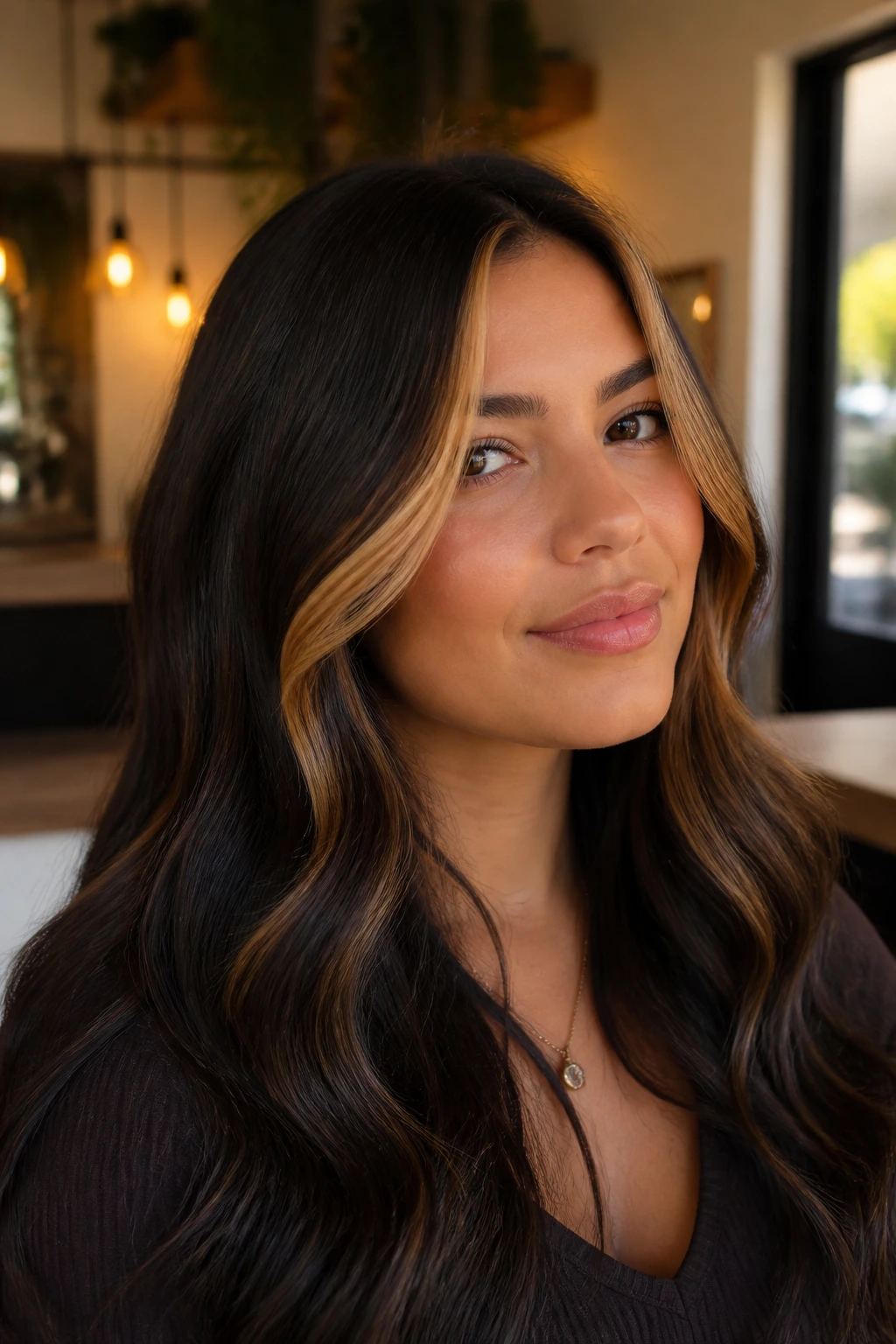 Close-up of espresso brown hair with a gold money piece framing the cheekbones