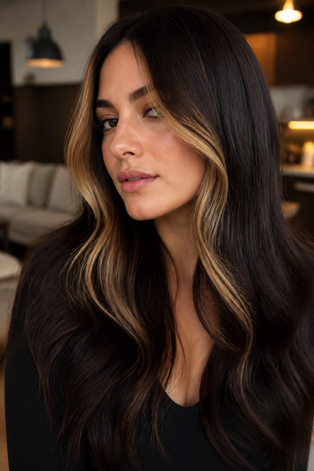 Espresso brown hair with gold money piece framing the face