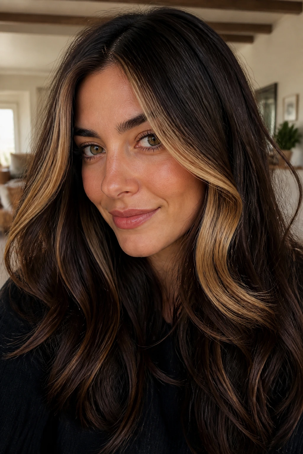 Close-up portrait of a real woman with espresso brown hair and a gold money piece framing the face.