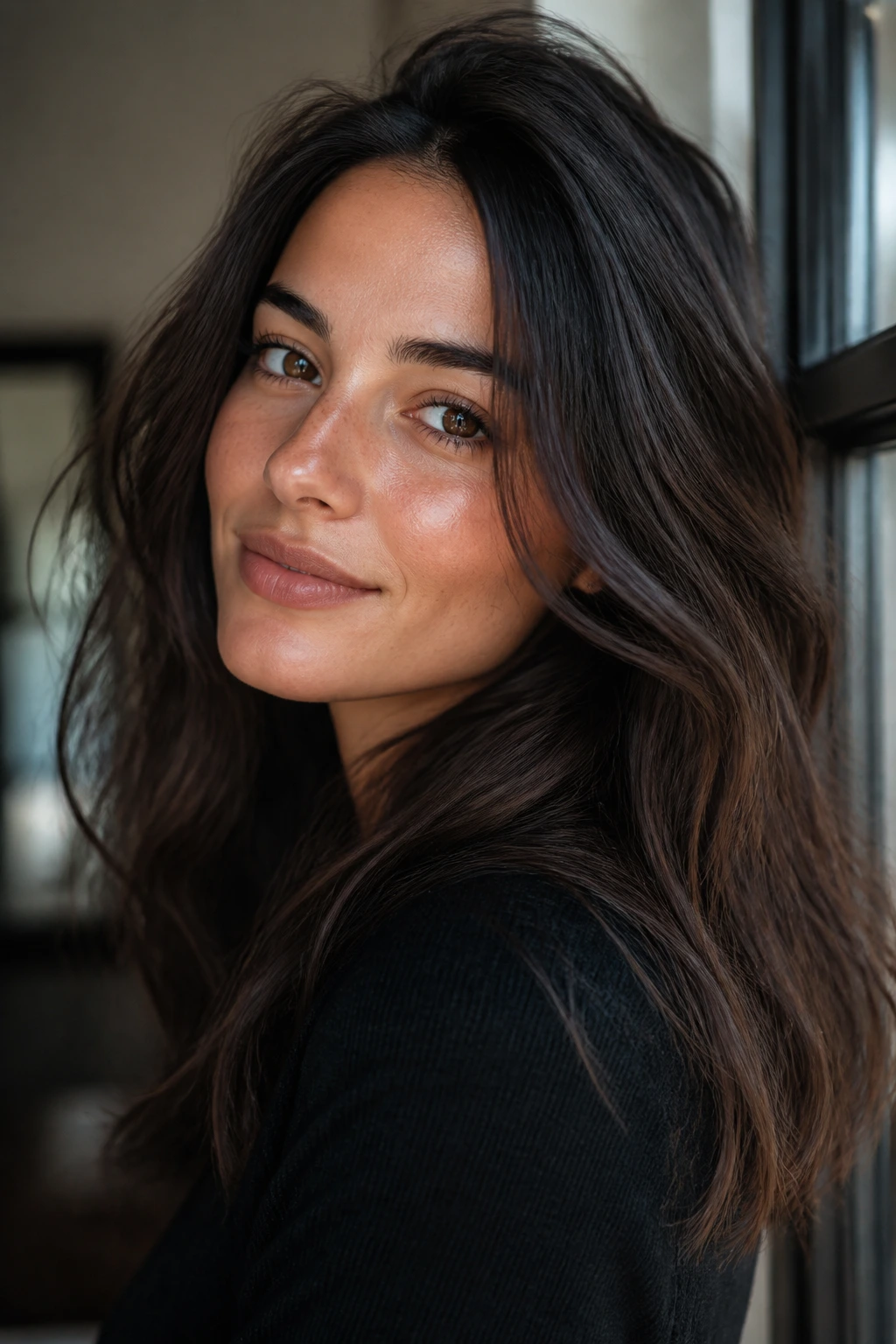 Close-up portrait of a real woman with rich espresso brown hair and olive skin in daylight