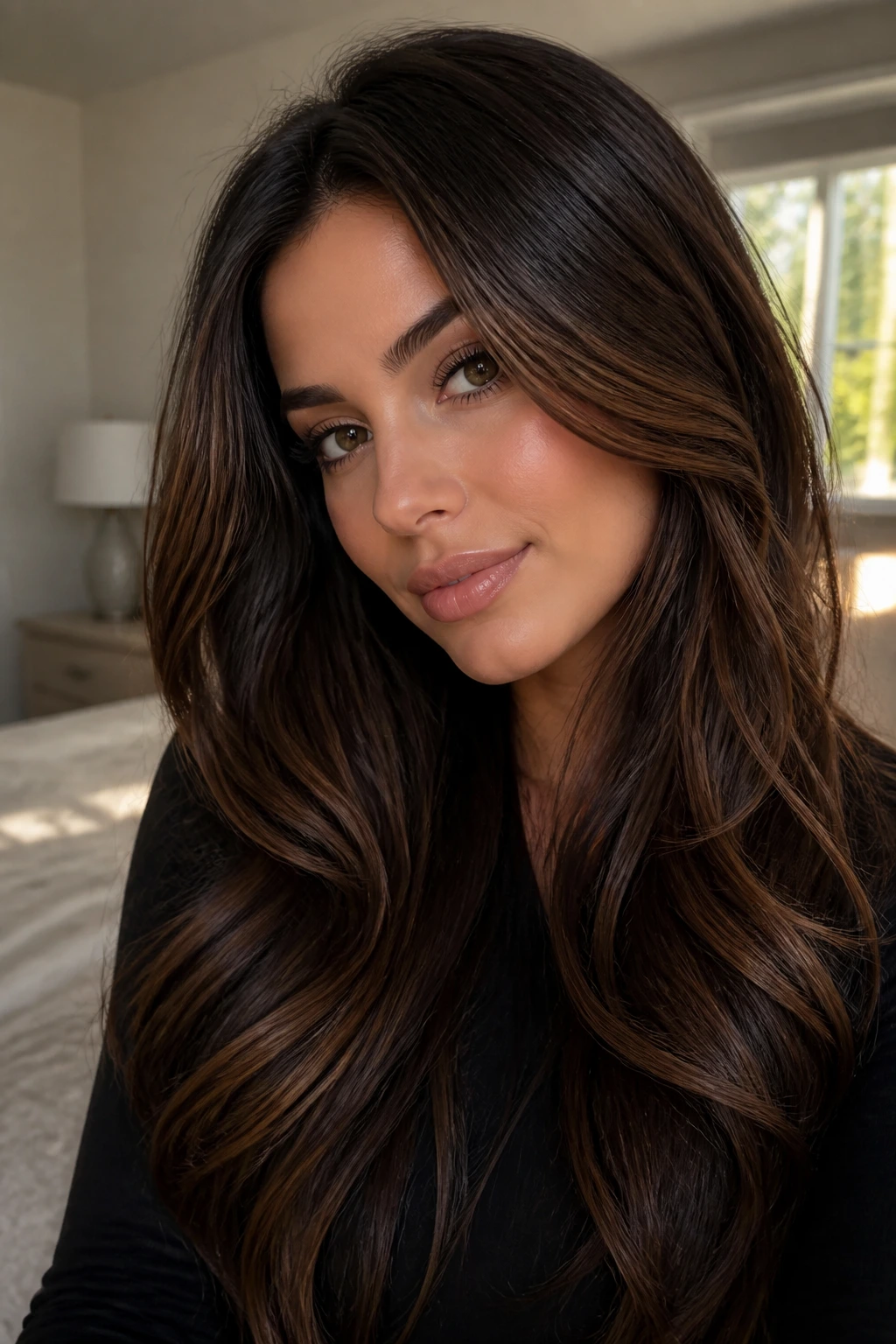 Close-up portrait of a real woman with espresso brunette and bronze veil in her hair